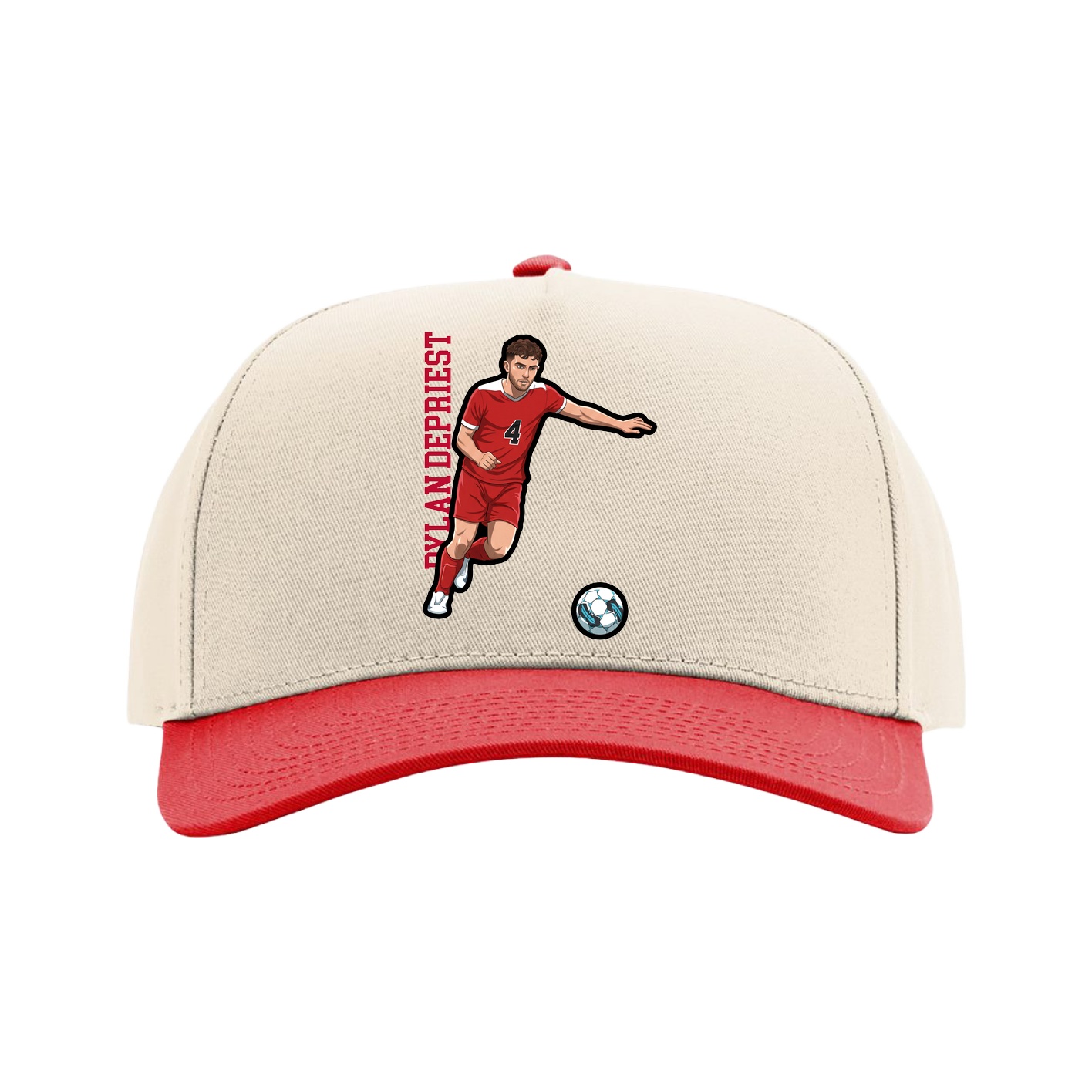 Full Fabric Five-Panel Champ Cap — Name Vertical in Cream/Red