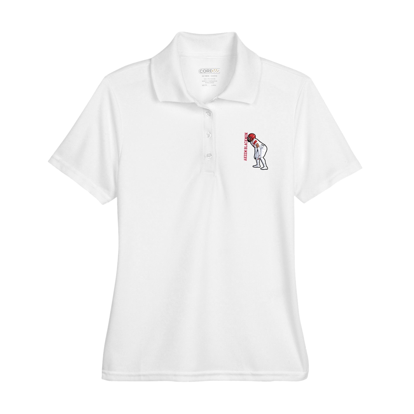 Womens Performance Polo — Name Vertical in White