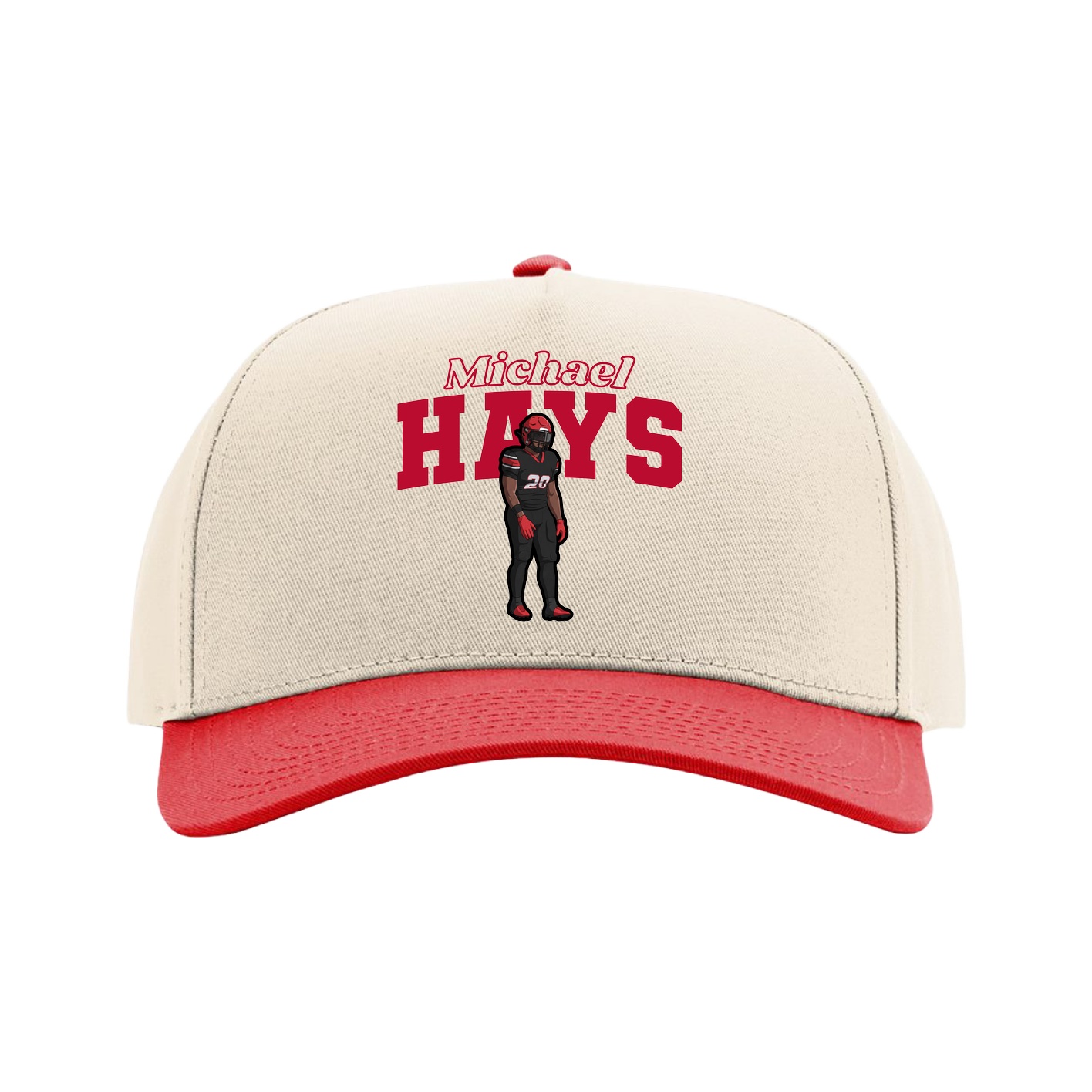 Full Fabric Five-Panel Champ Cap — Name Arch in Cream/Red