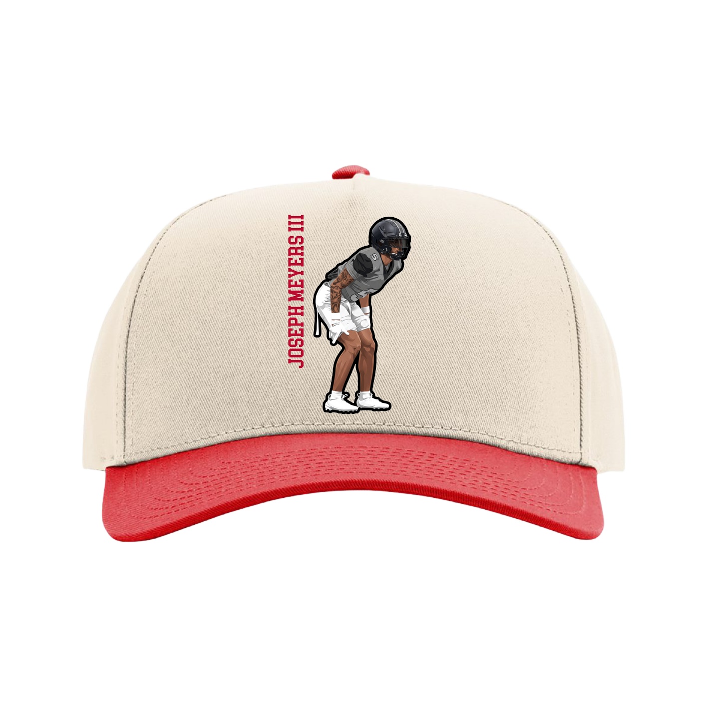 Full Fabric Five-Panel Champ Cap — Name Vertical in Cream/Red