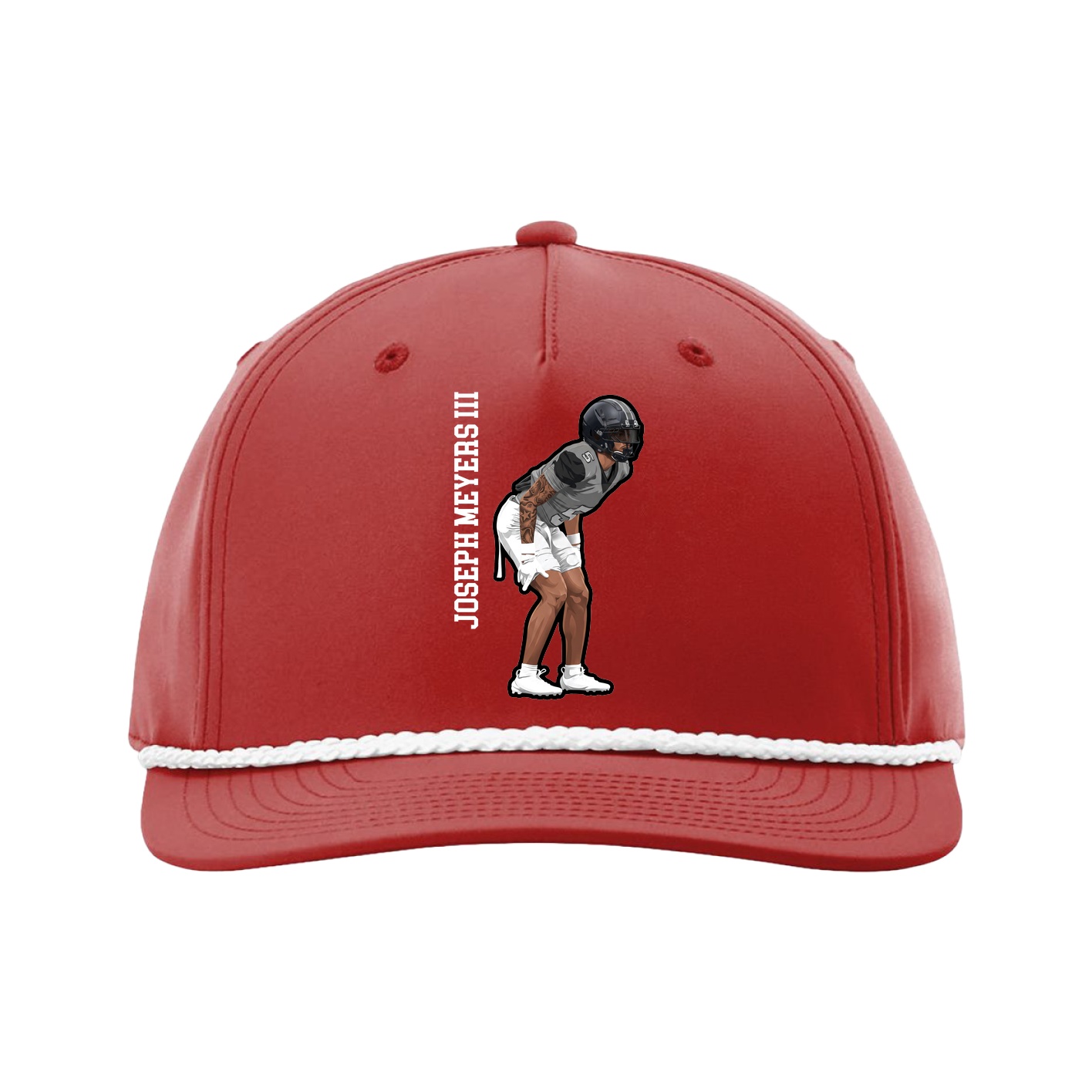 Five-Panel Classic Rope Cap — Name Vertical in Red
