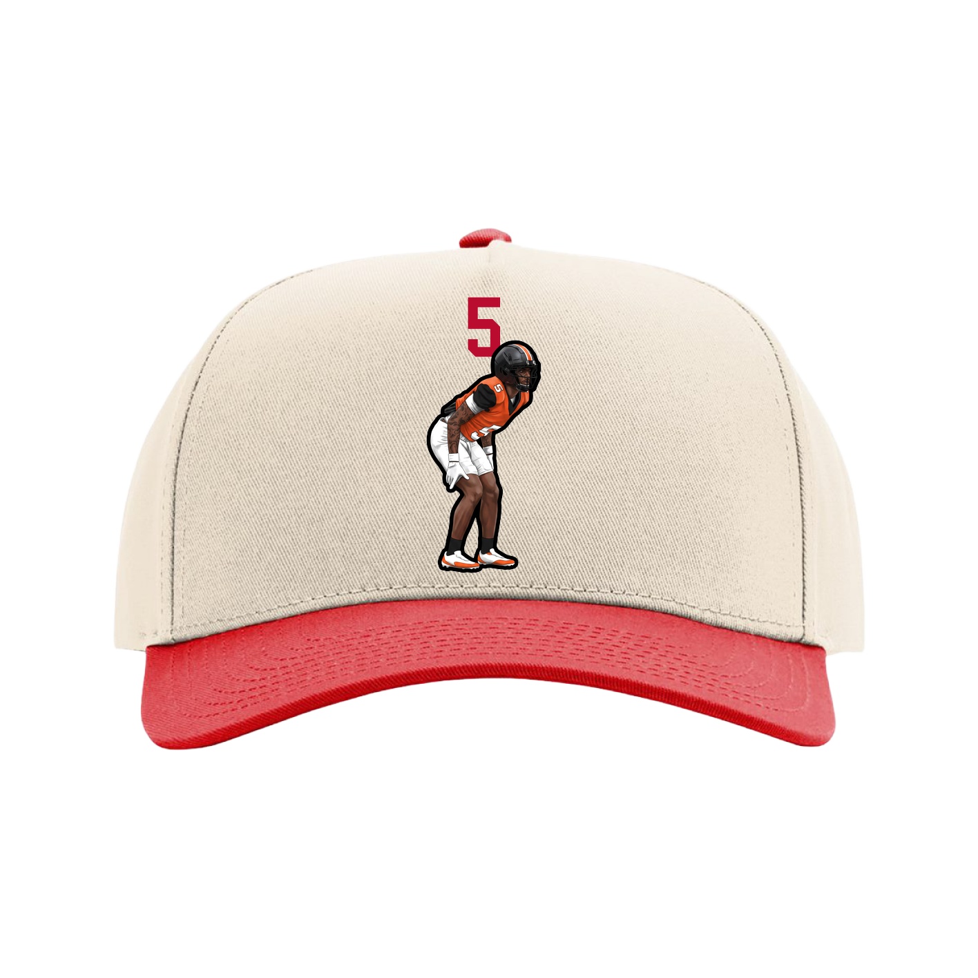 Full Fabric Five-Panel Champ Cap — Number Top in Cream/Red