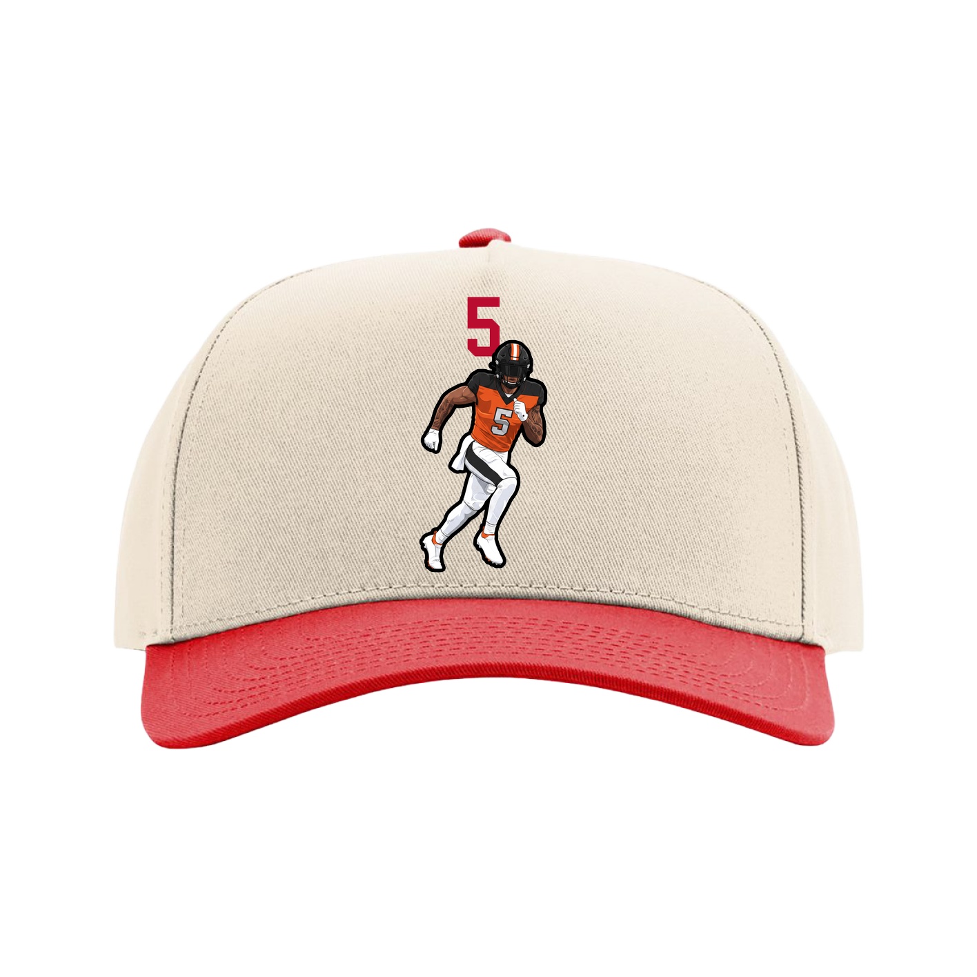 Full Fabric Five-Panel Champ Cap — Number Top in Cream/Red