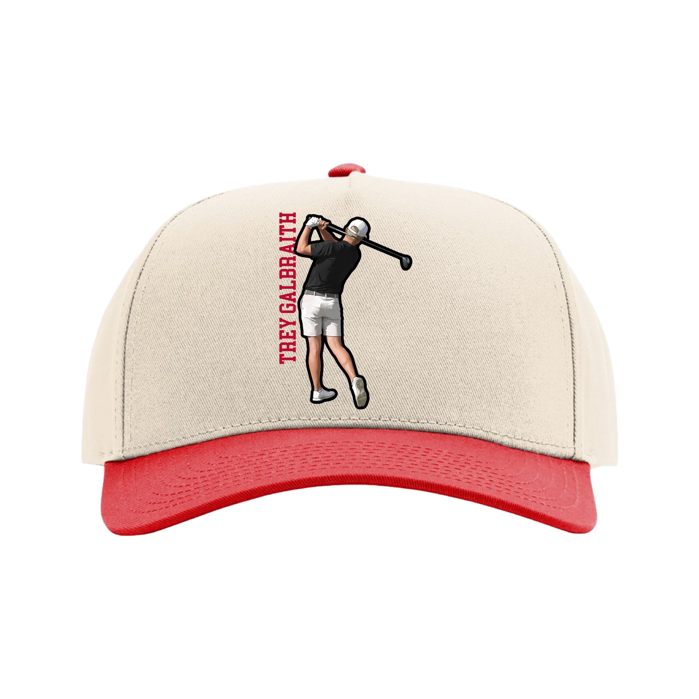 Full Fabric Five-Panel Champ Cap — Name Vertical in Cream/Red
