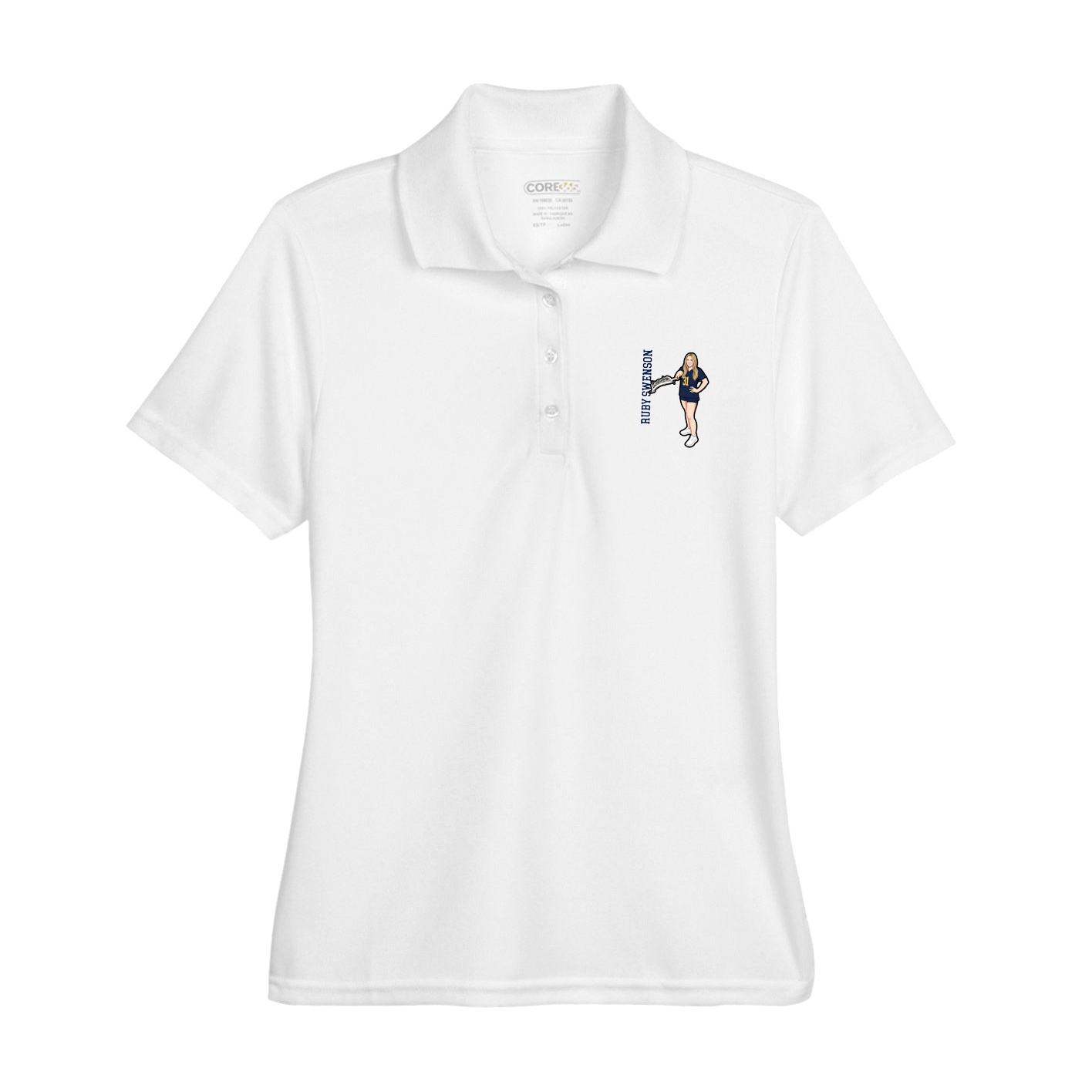 Womens Performance Polo — Name Vertical in White