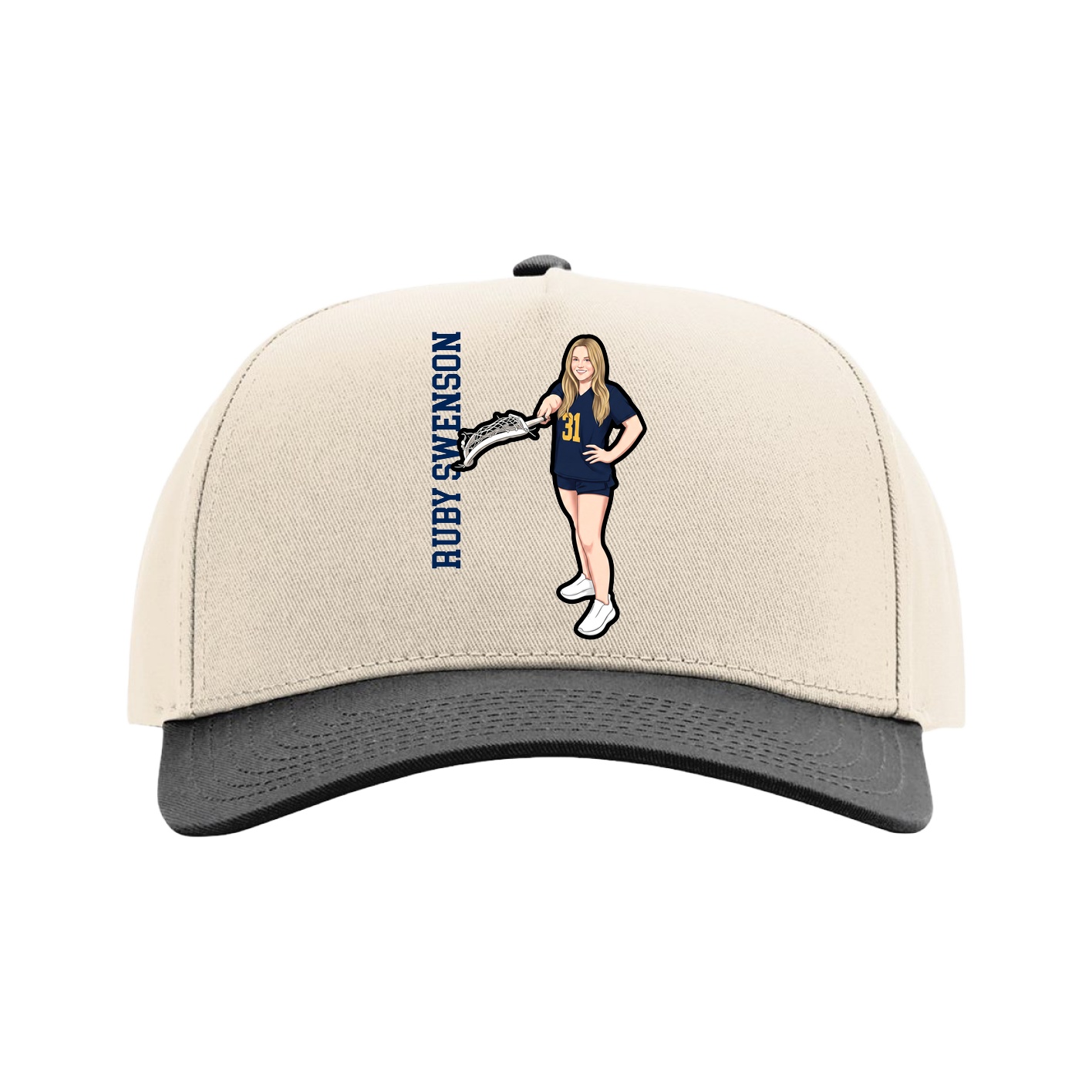 Full Fabric Five-Panel Champ Cap — Name Vertical in Cream/Black