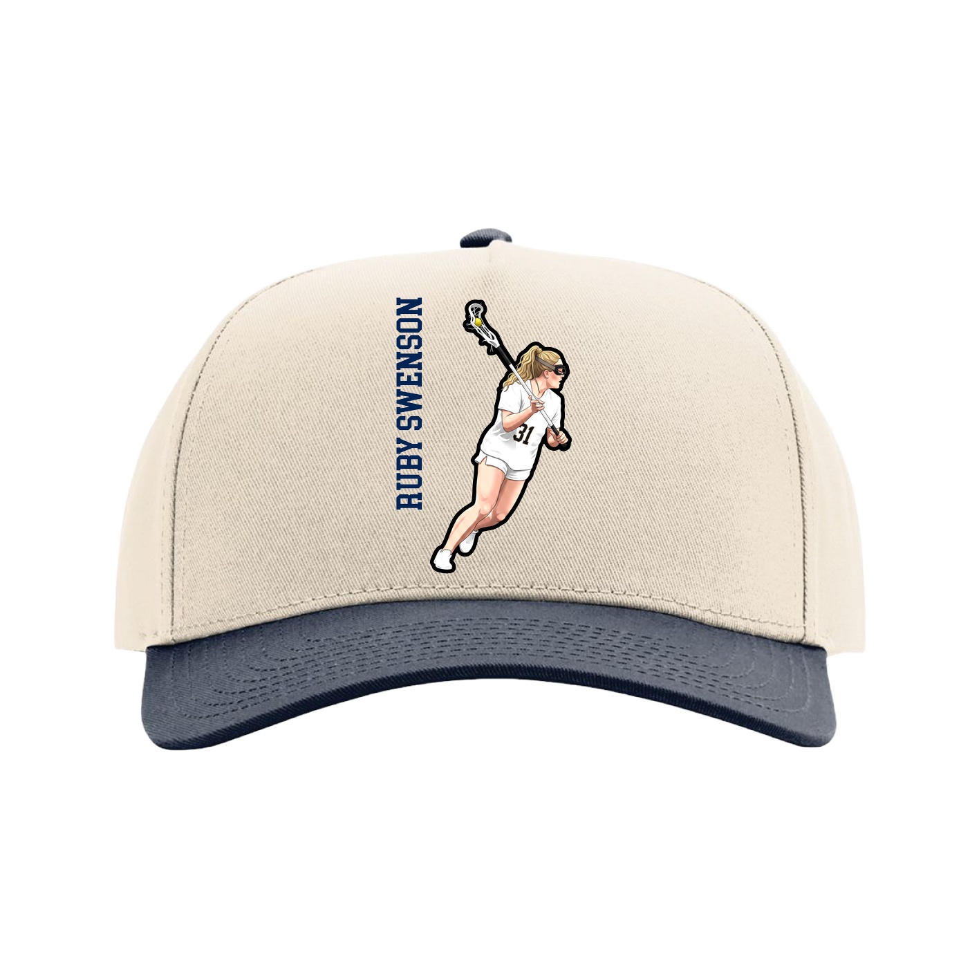 Full Fabric Five-Panel Champ Cap — Name Vertical in Cream/Navy