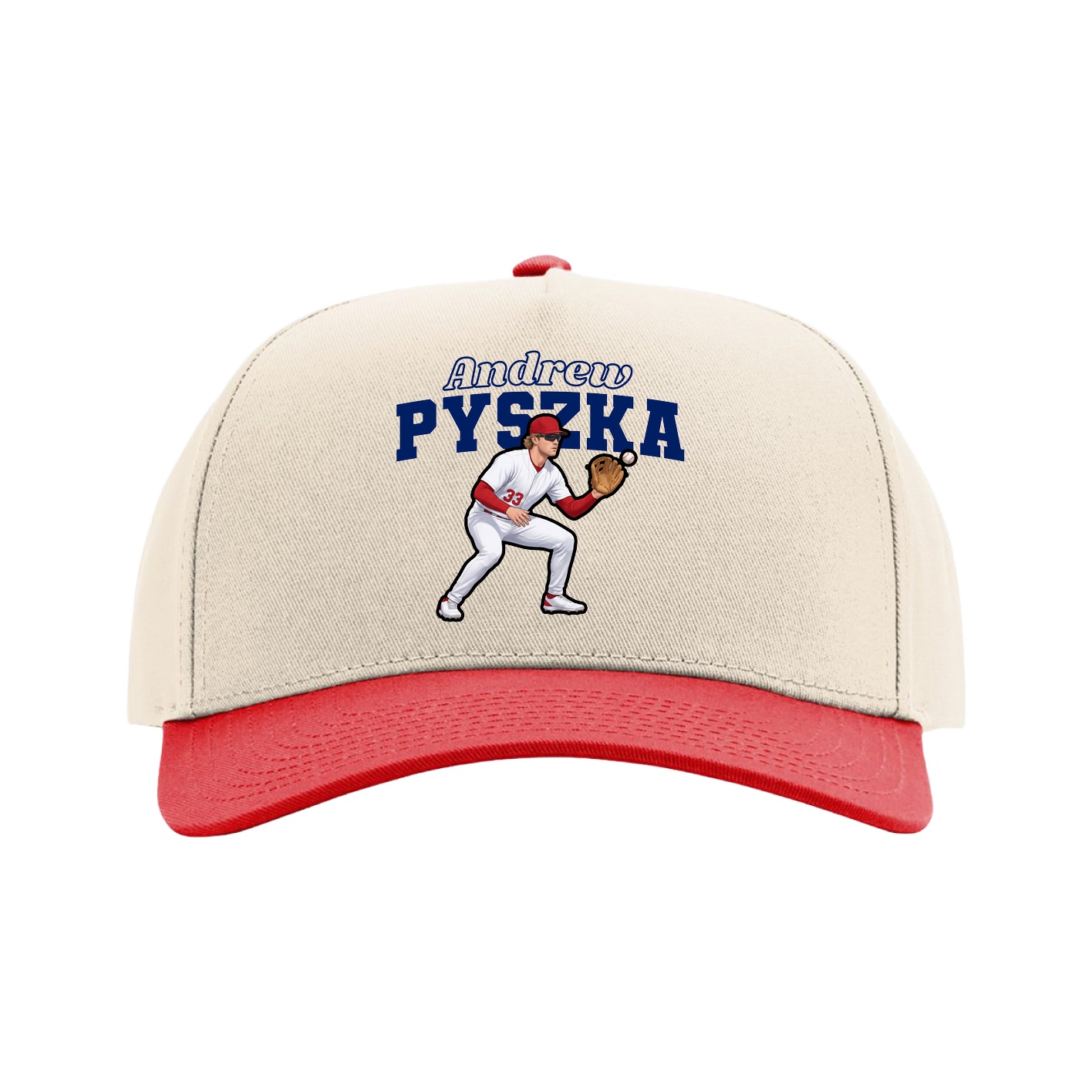 Full Fabric Five-Panel Champ Cap — Name Arch in Cream/Red