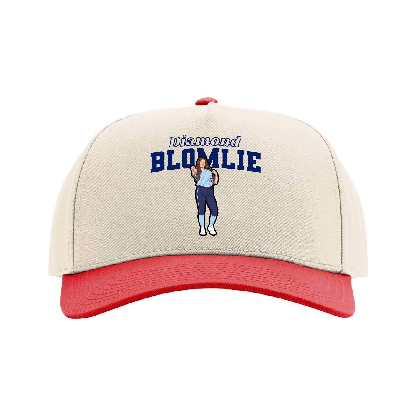 Full Fabric Five-Panel Champ Cap — Name Arch in Cream/Red
