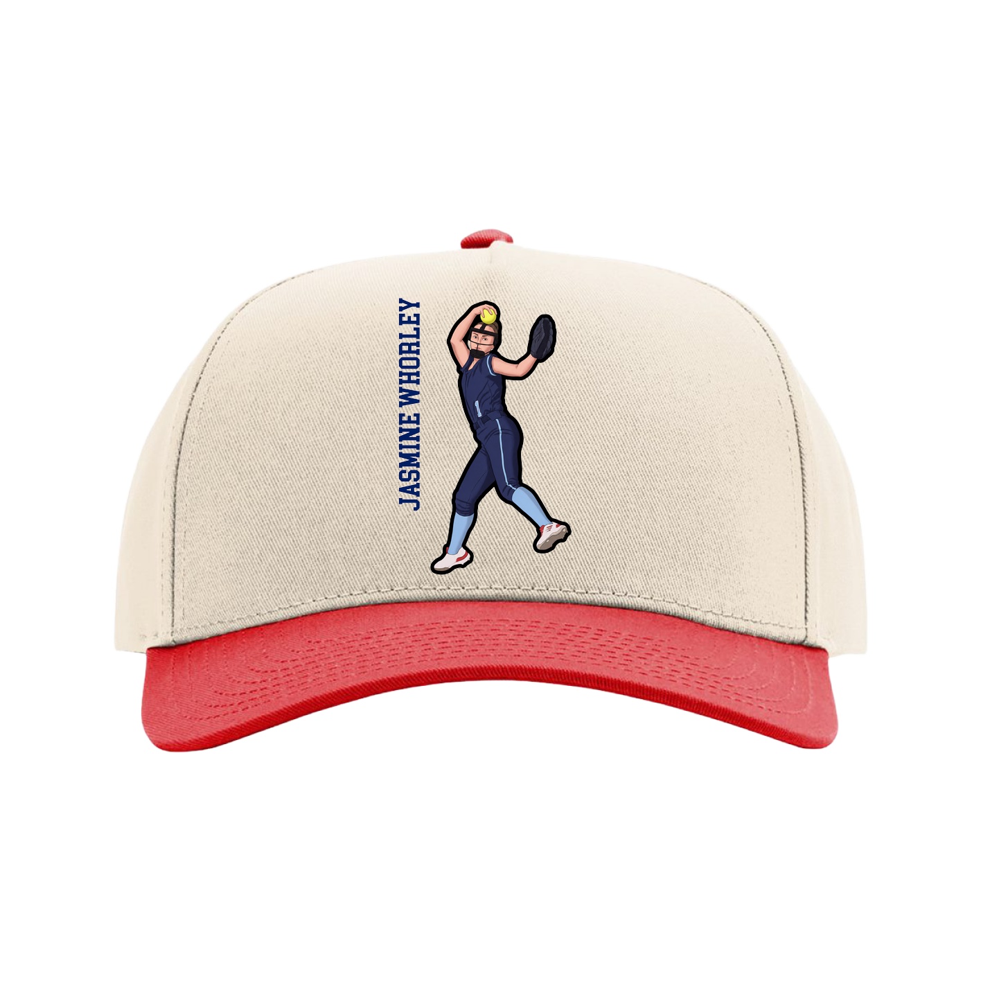 Full Fabric Five-Panel Champ Cap — Name Vertical in Cream/Red