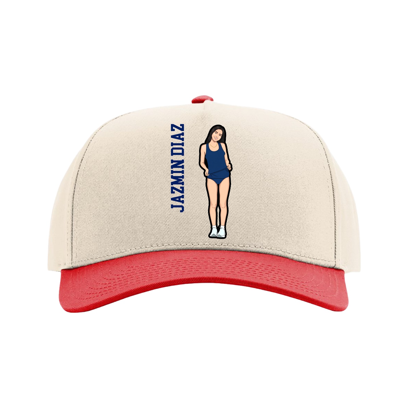 Full Fabric Five-Panel Champ Cap — Name Vertical in Cream/Red