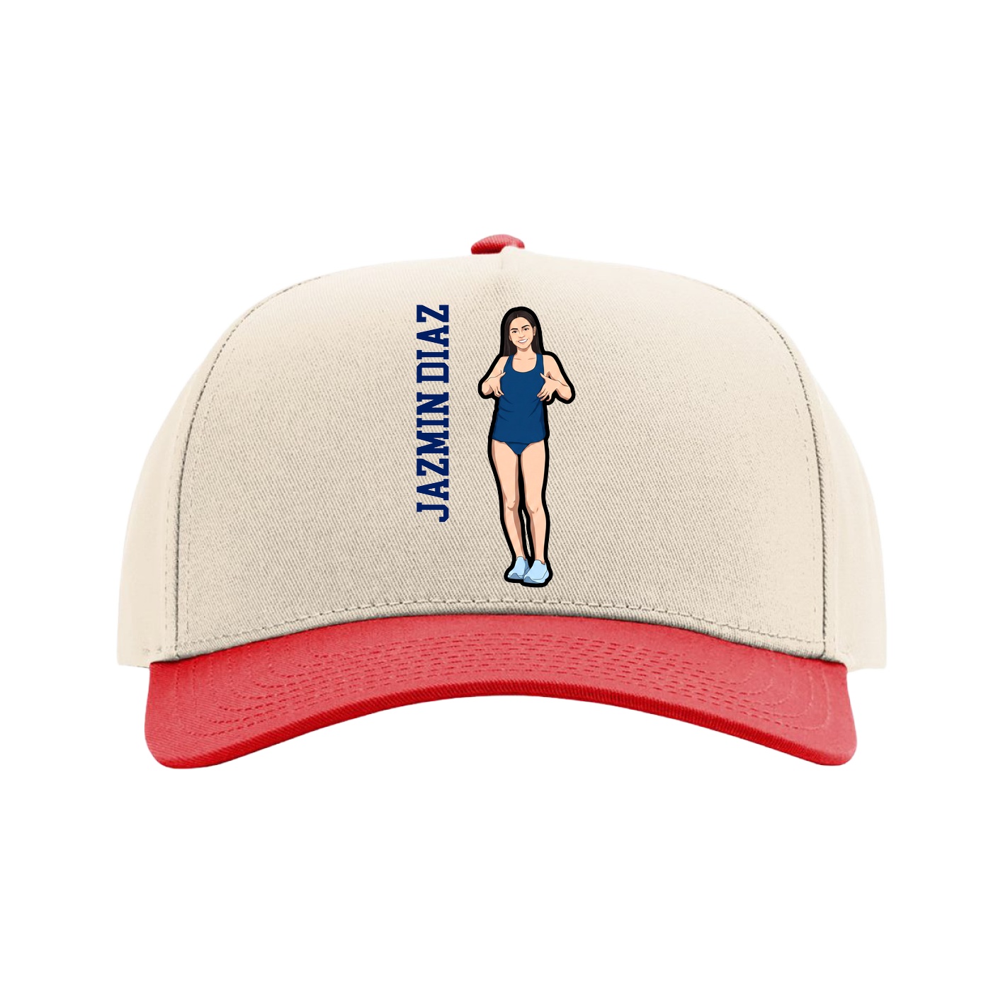 Full Fabric Five-Panel Champ Cap — Name Vertical in Cream/Red