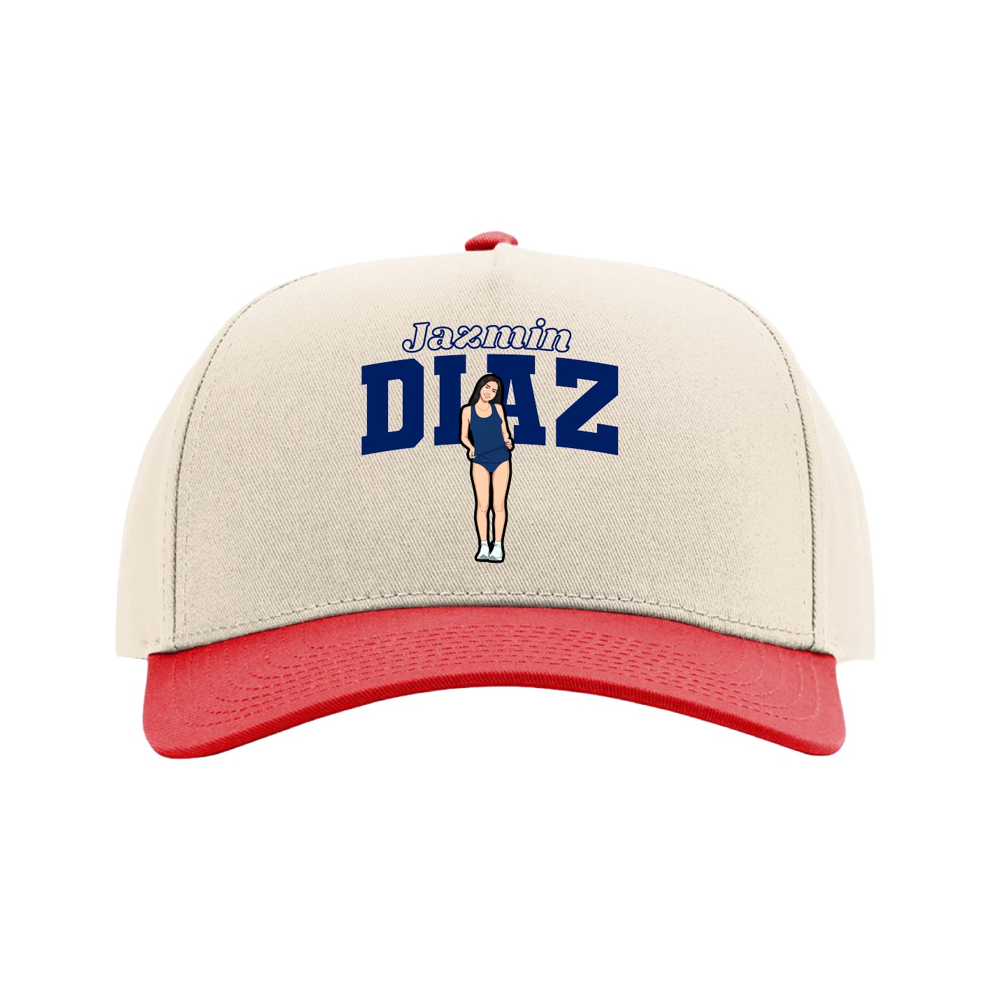 Full Fabric Five-Panel Champ Cap — Name Arch in Cream/Red
