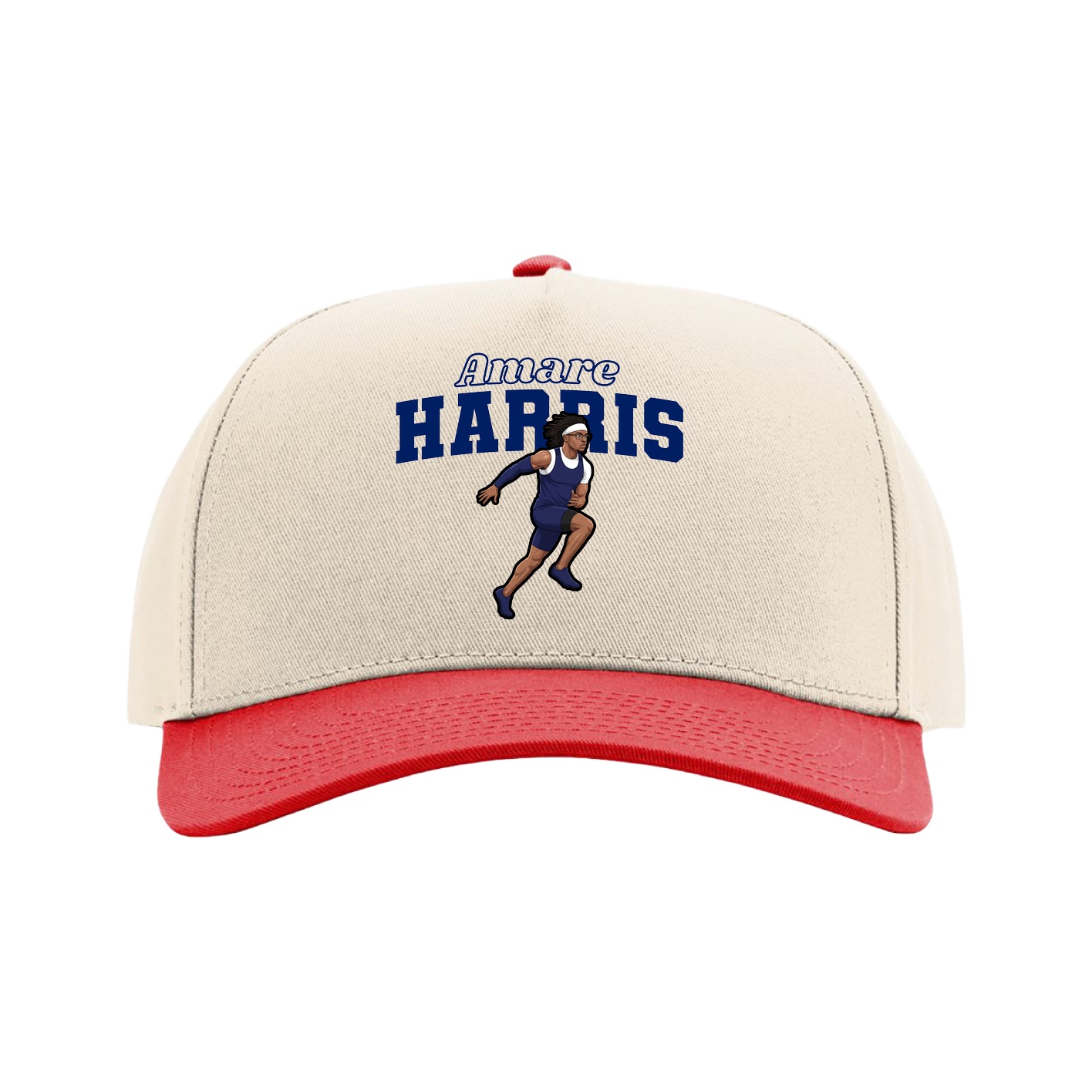 Full Fabric Five-Panel Champ Cap — Name Arch in Cream/Red