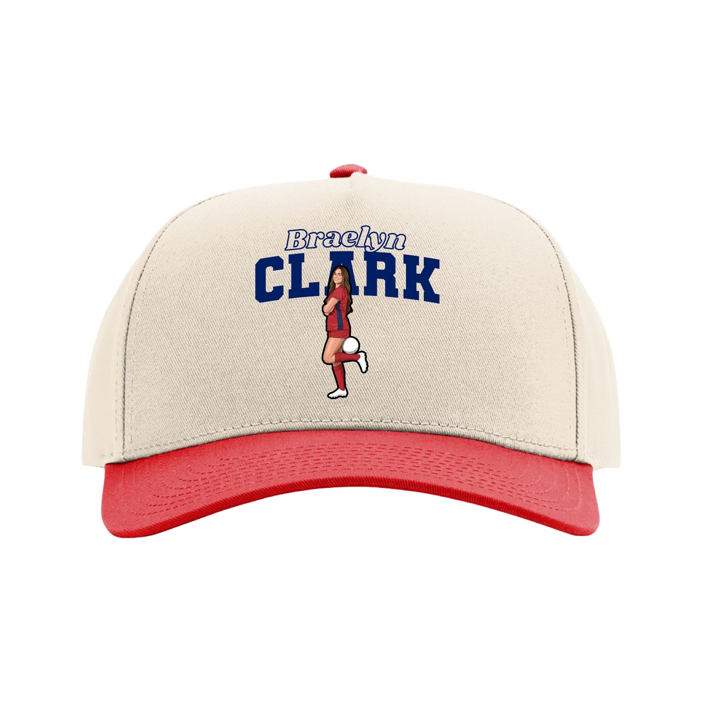 Full Fabric Five-Panel Champ Cap — Name Arch in Cream/Red
