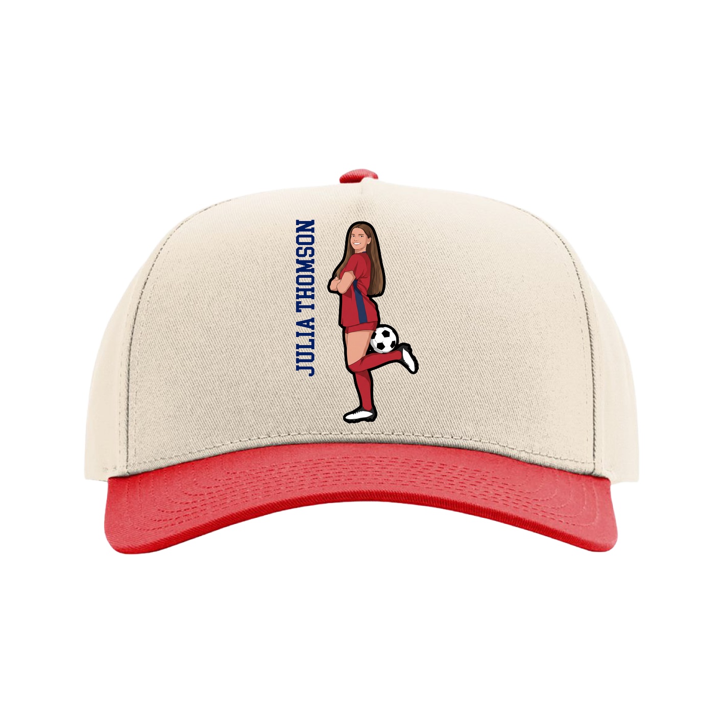 Full Fabric Five-Panel Champ Cap — Name Vertical in Cream/Red