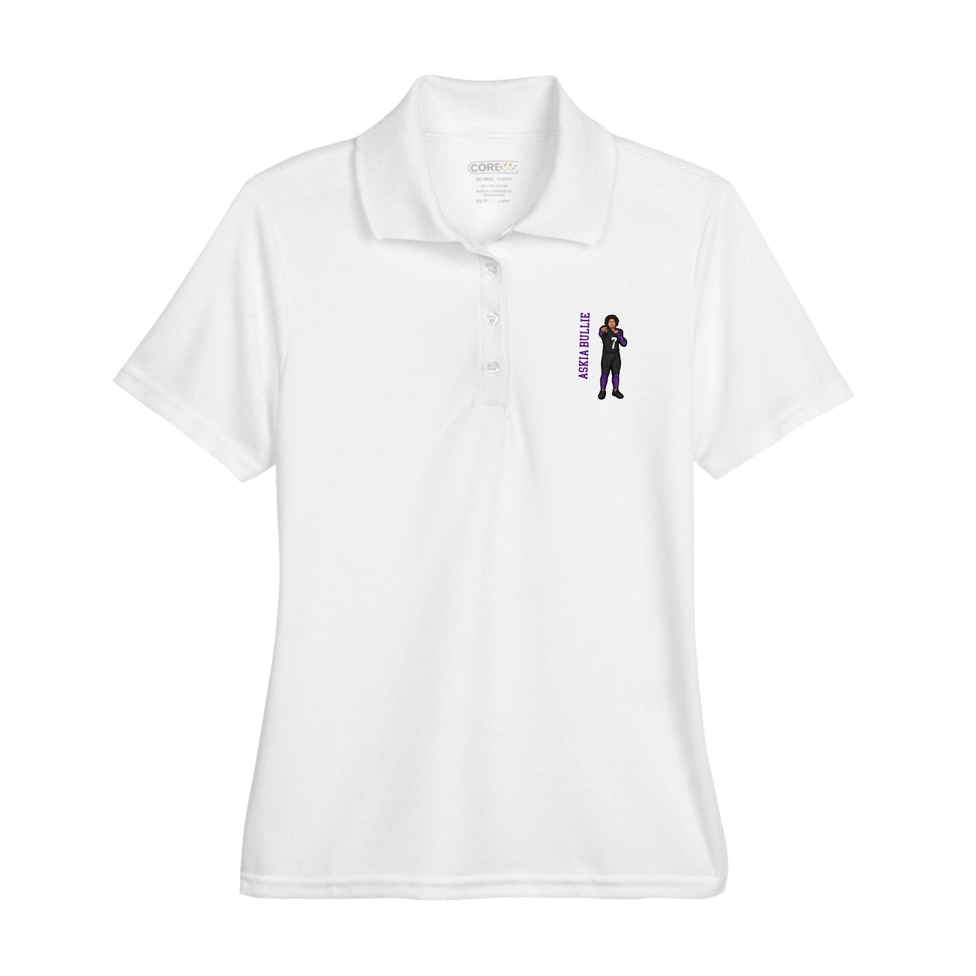 Womens Performance Polo — Name Vertical in White