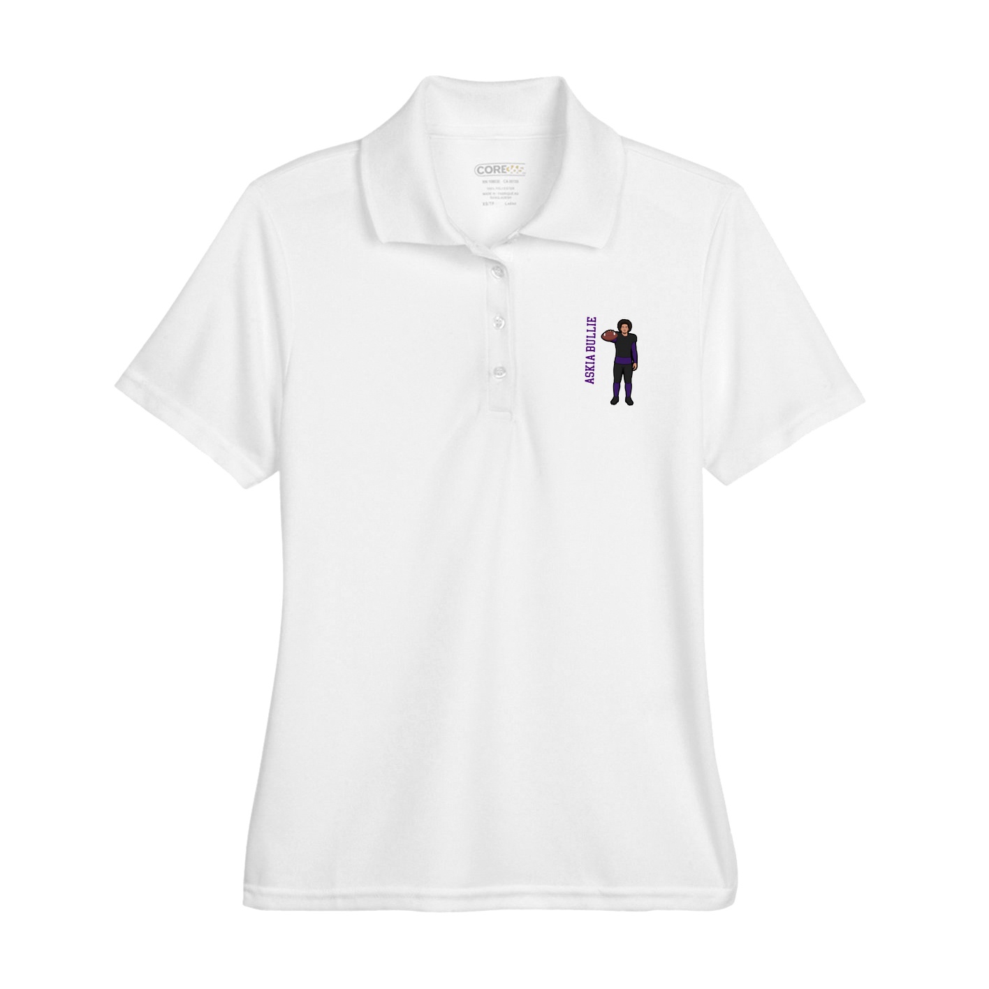 Womens Performance Polo — Name Vertical in White