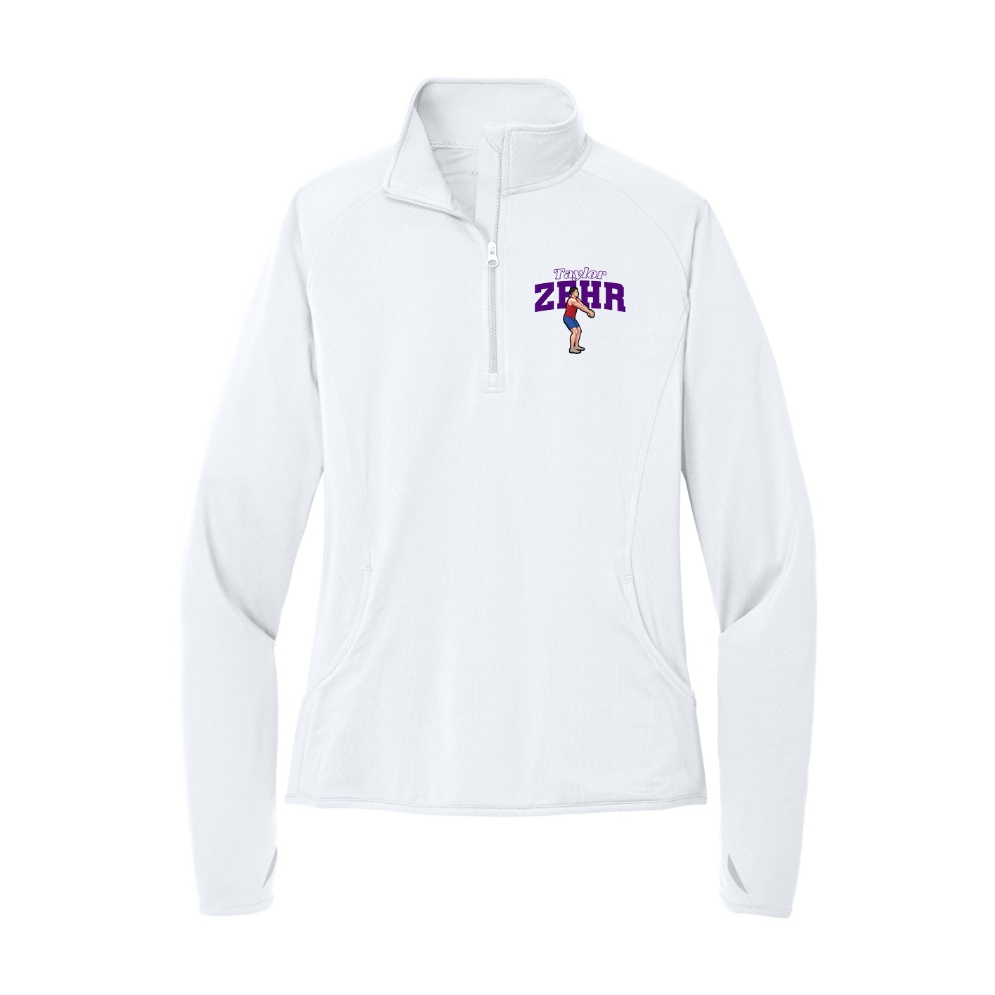 Women's Q-Zip Pullover — Name Arch in White