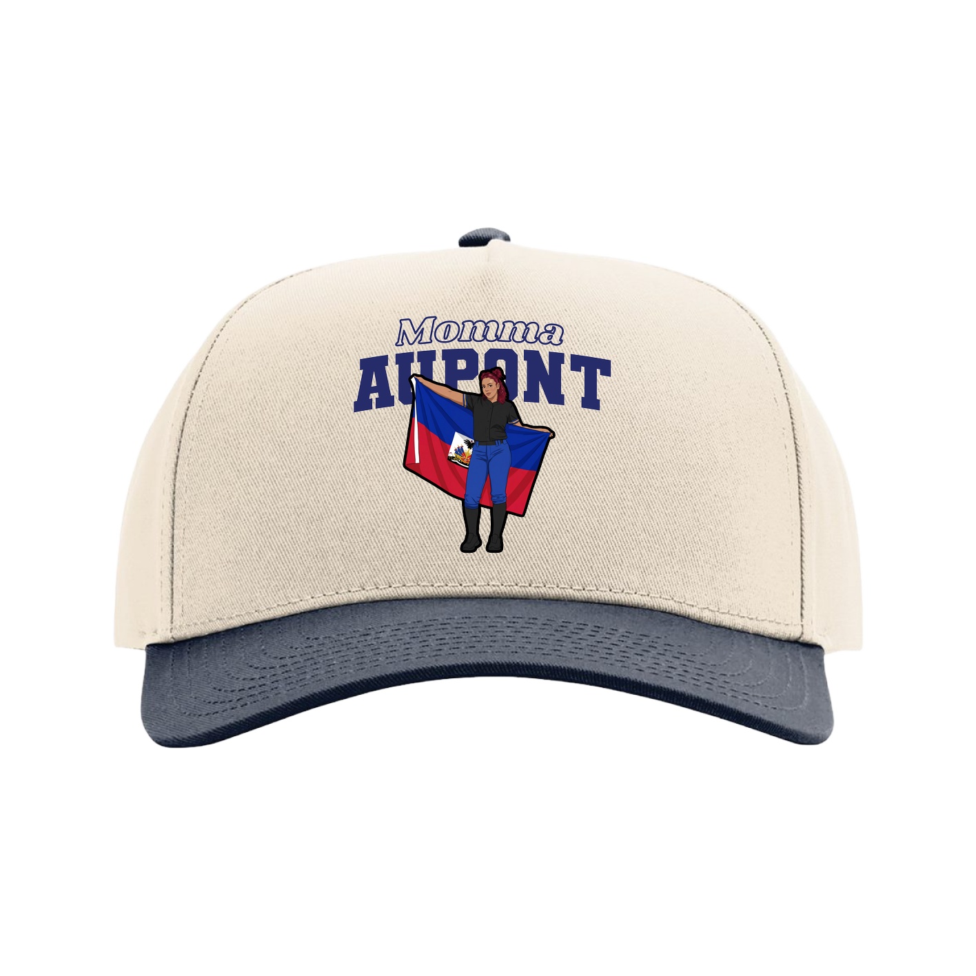 Full Fabric Five-Panel Champ Cap — Mothers Day Block in Cream/Navy