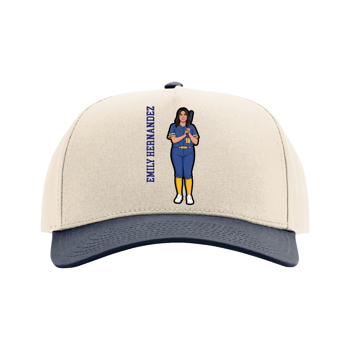 Full Fabric Five-Panel Champ Cap — Name Vertical in Cream/Navy