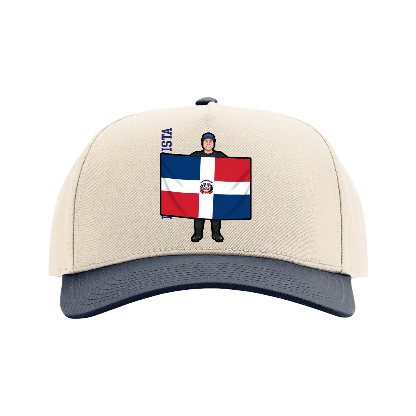 Full Fabric Five-Panel Champ Cap — Name Vertical in Cream/Navy