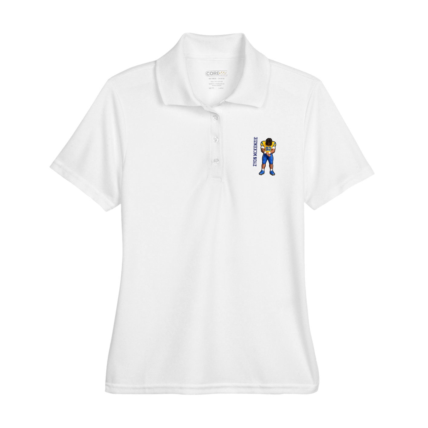 Womens Performance Polo — Name Vertical in White