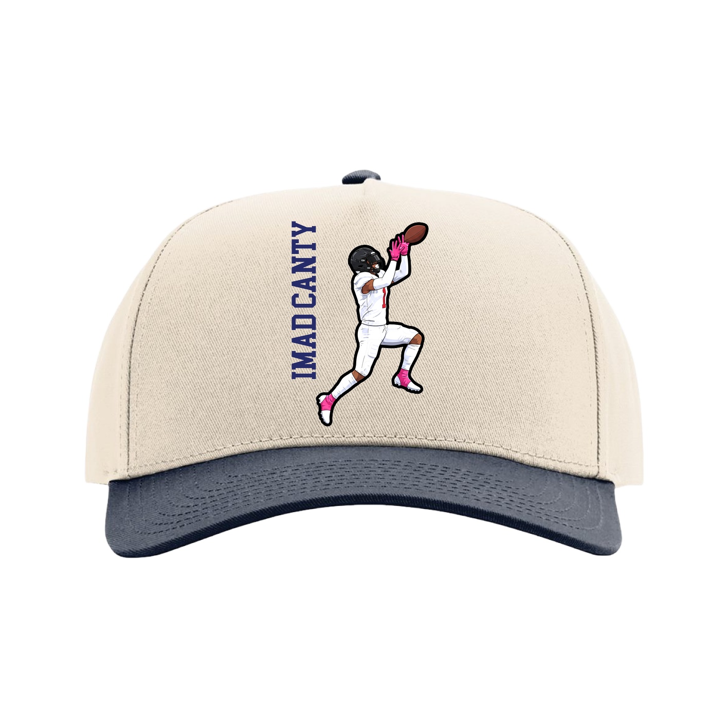 Full Fabric Five-Panel Champ Cap — Name Vertical in Cream/Navy
