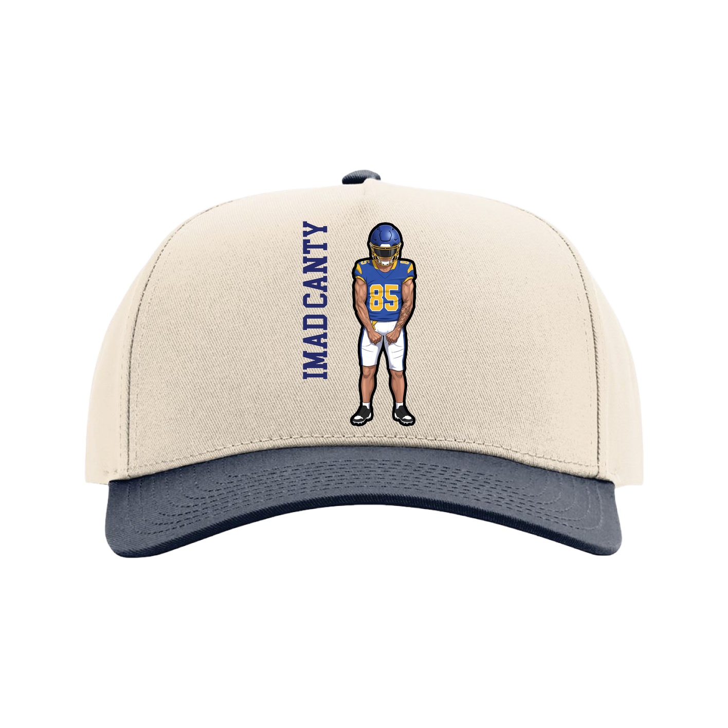 Full Fabric Five-Panel Champ Cap — Name Vertical in Cream/Navy
