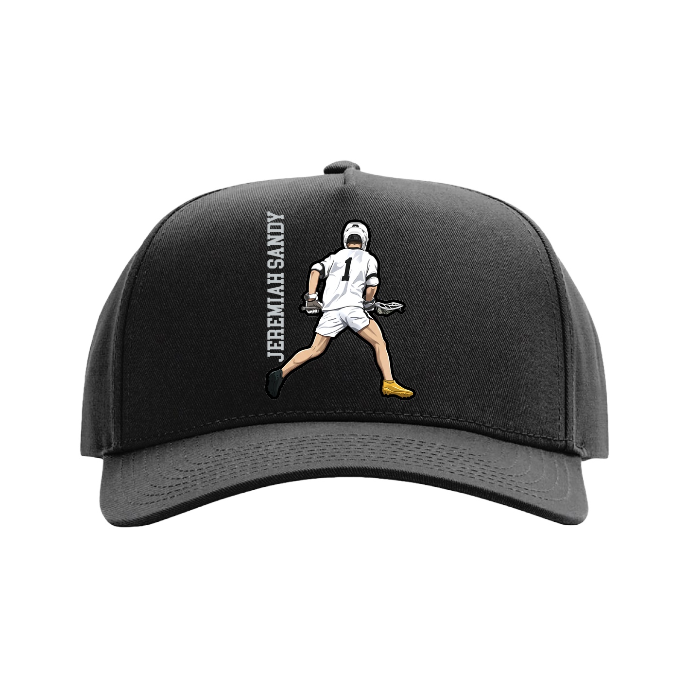 Full Fabric Five-Panel Champ Cap — Name Vertical in Black