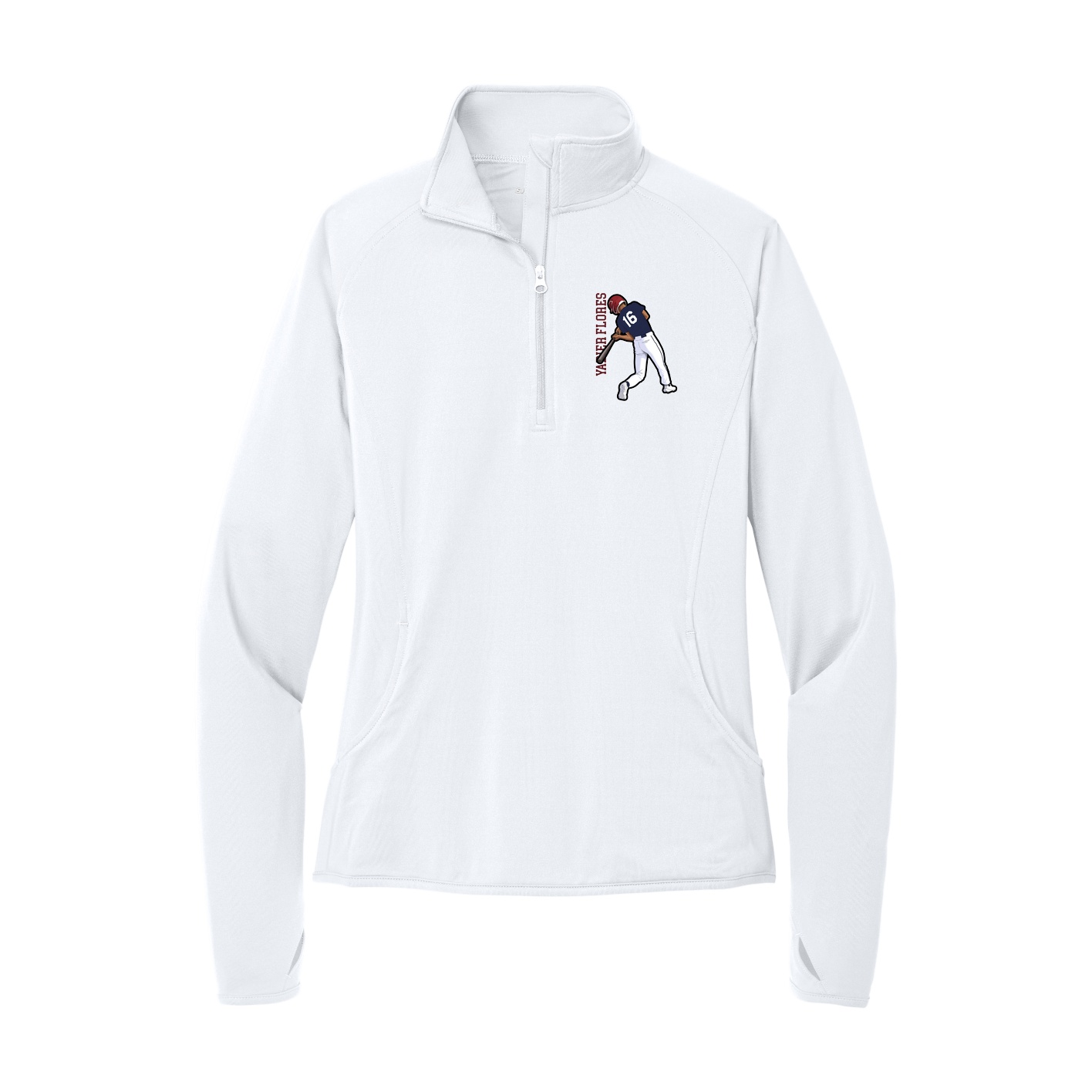 Women's Q-Zip Pullover — Name Vertical in White