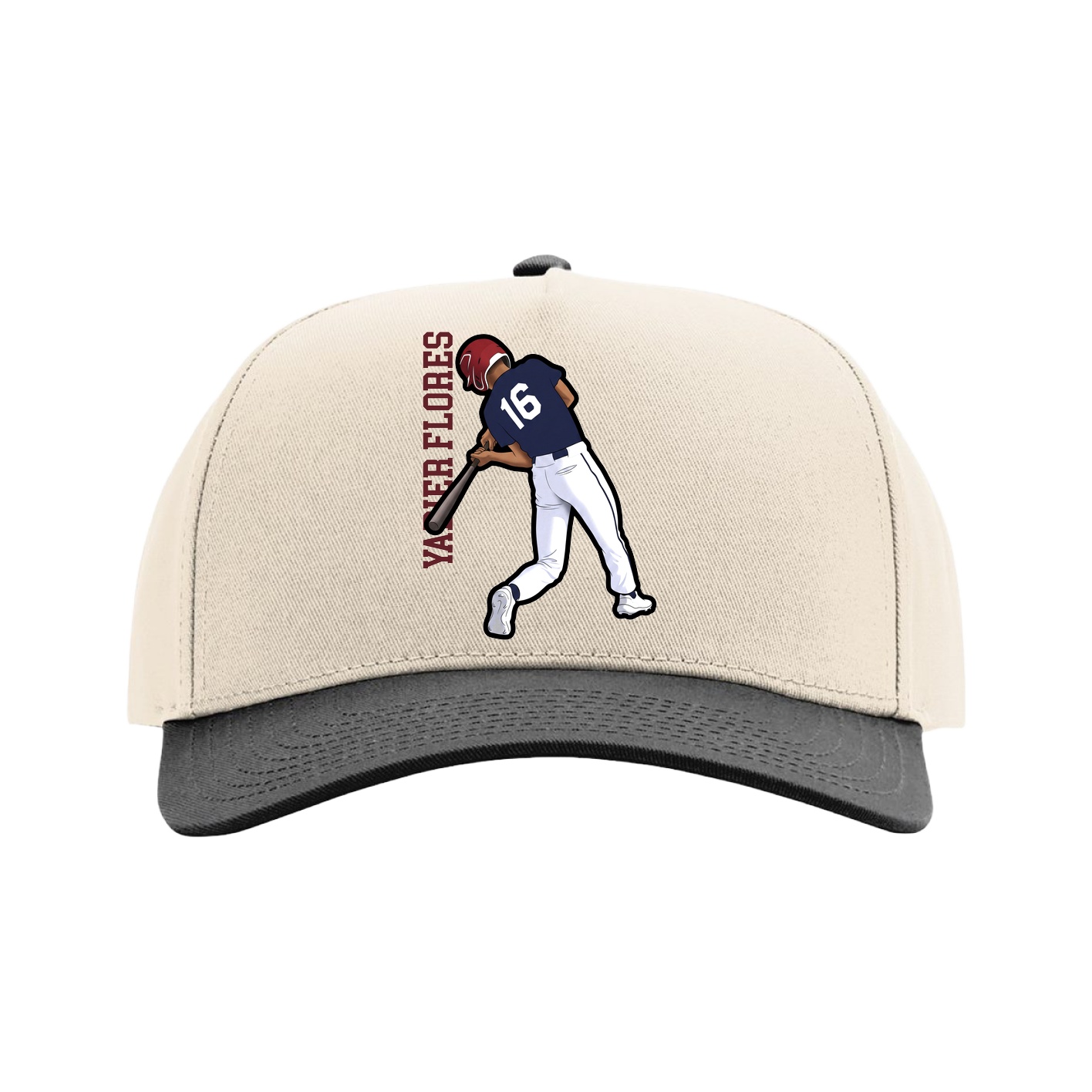 Full Fabric Five-Panel Champ Cap — Name Vertical in Cream/Black