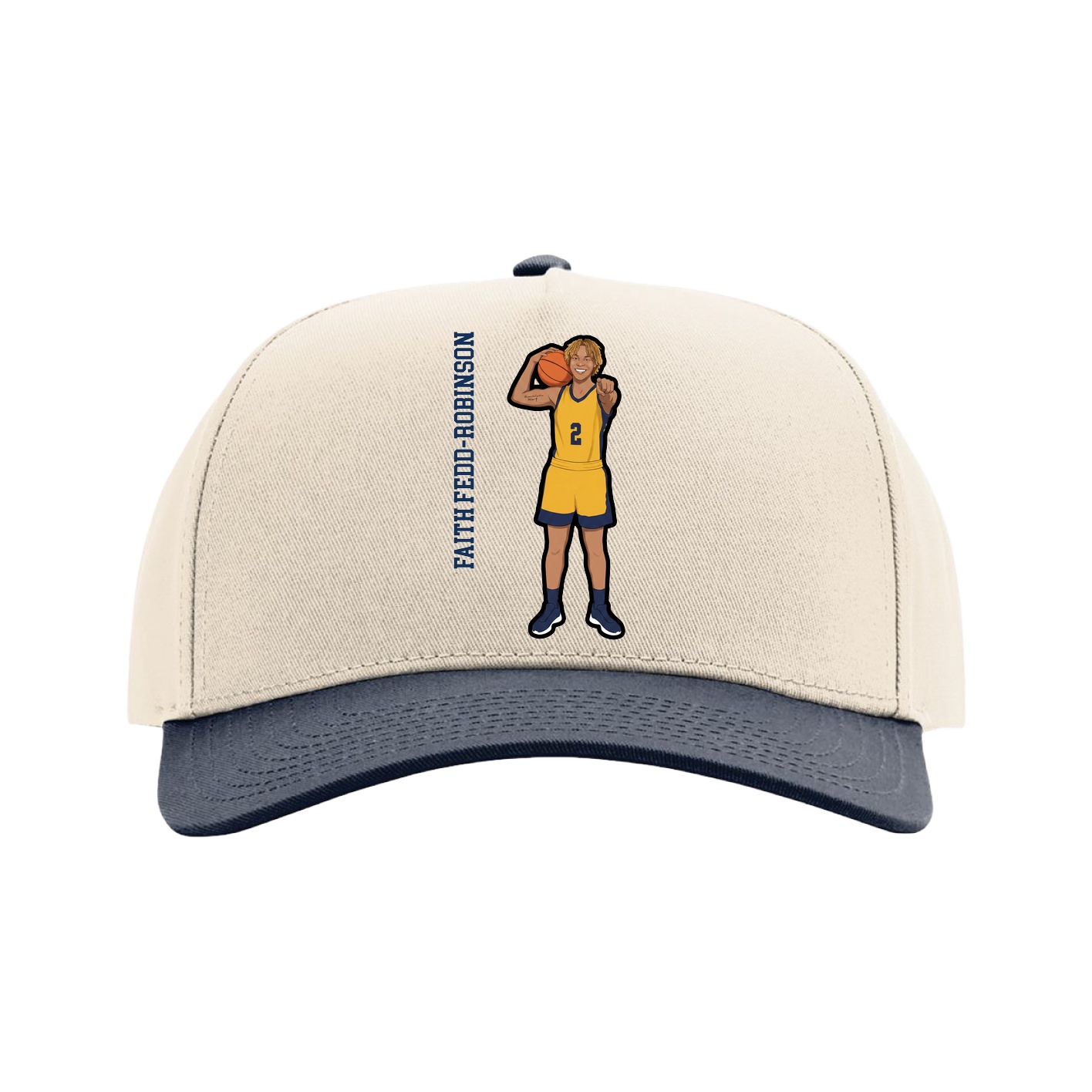 Full Fabric Five-Panel Champ Cap — Name Vertical in Cream/Navy