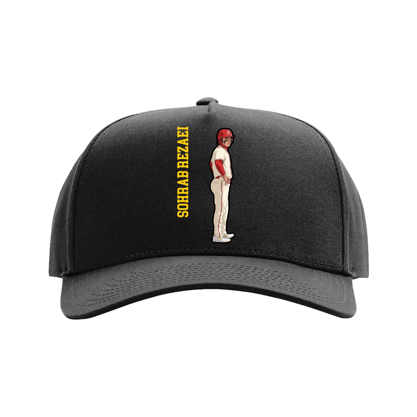 Full Fabric Five-Panel Champ Cap — Name Vertical in Black