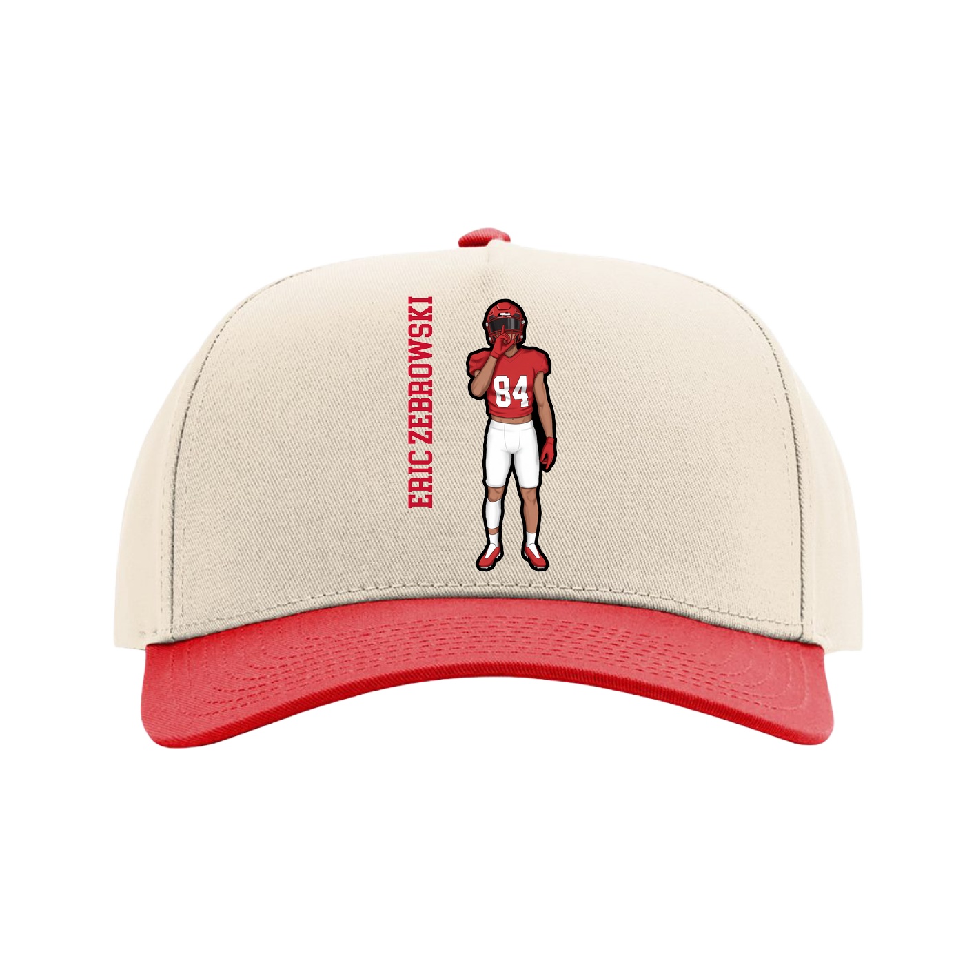Full Fabric Five-Panel Champ Cap — Name Vertical in Cream/Red