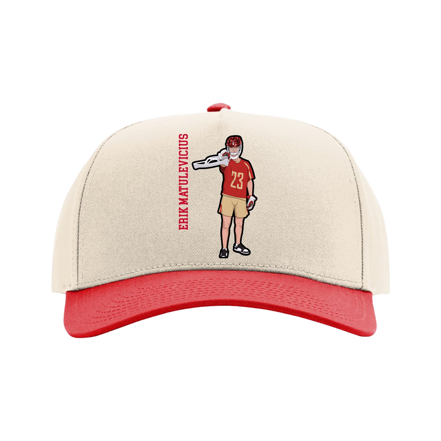 Full Fabric Five-Panel Champ Cap — Name Vertical in Cream/Red