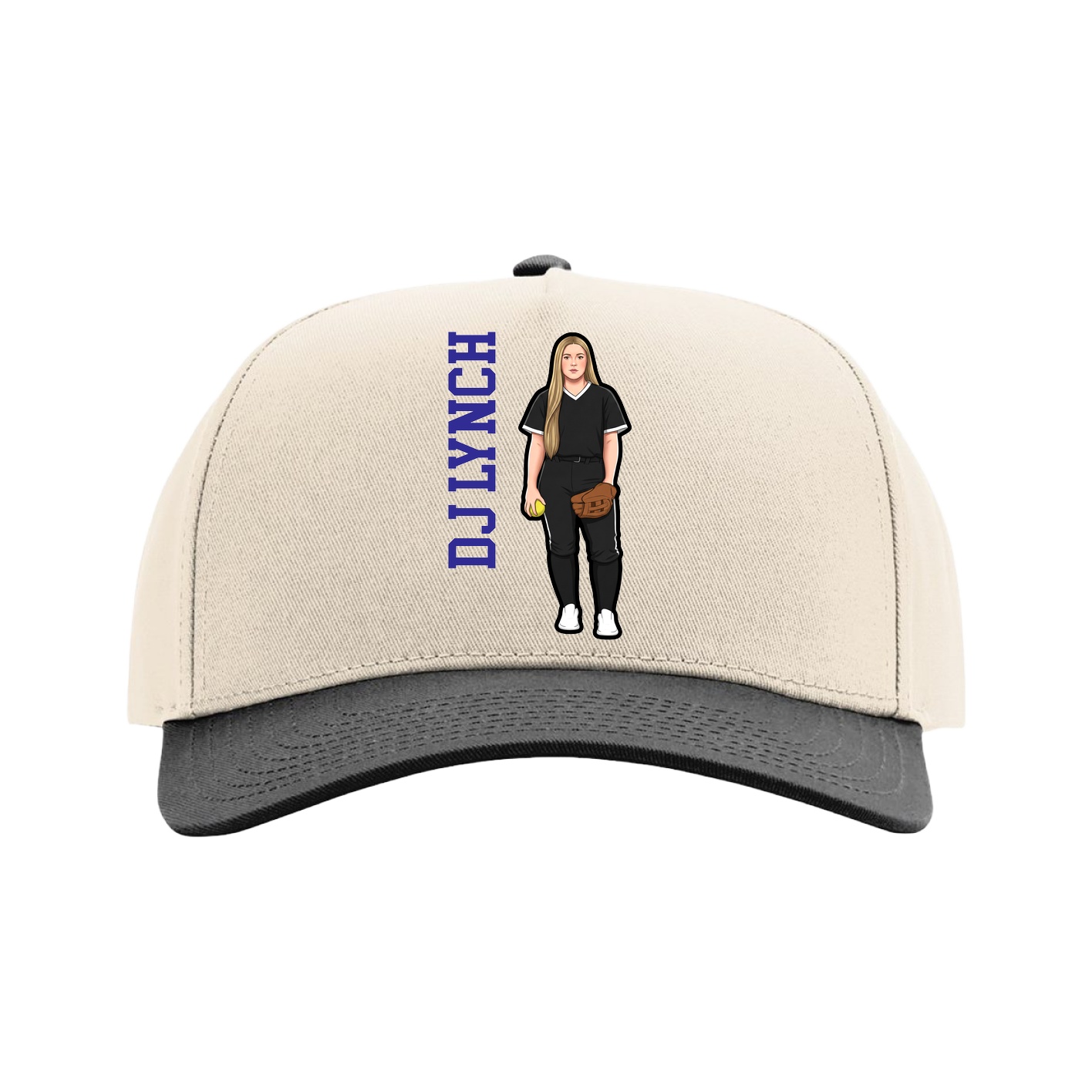 Full Fabric Five-Panel Champ Cap — Name Vertical in Cream/Black