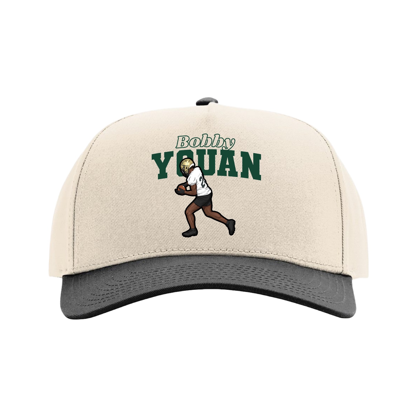 Full Fabric Five-Panel Champ Cap — Name Arch in Cream/Black