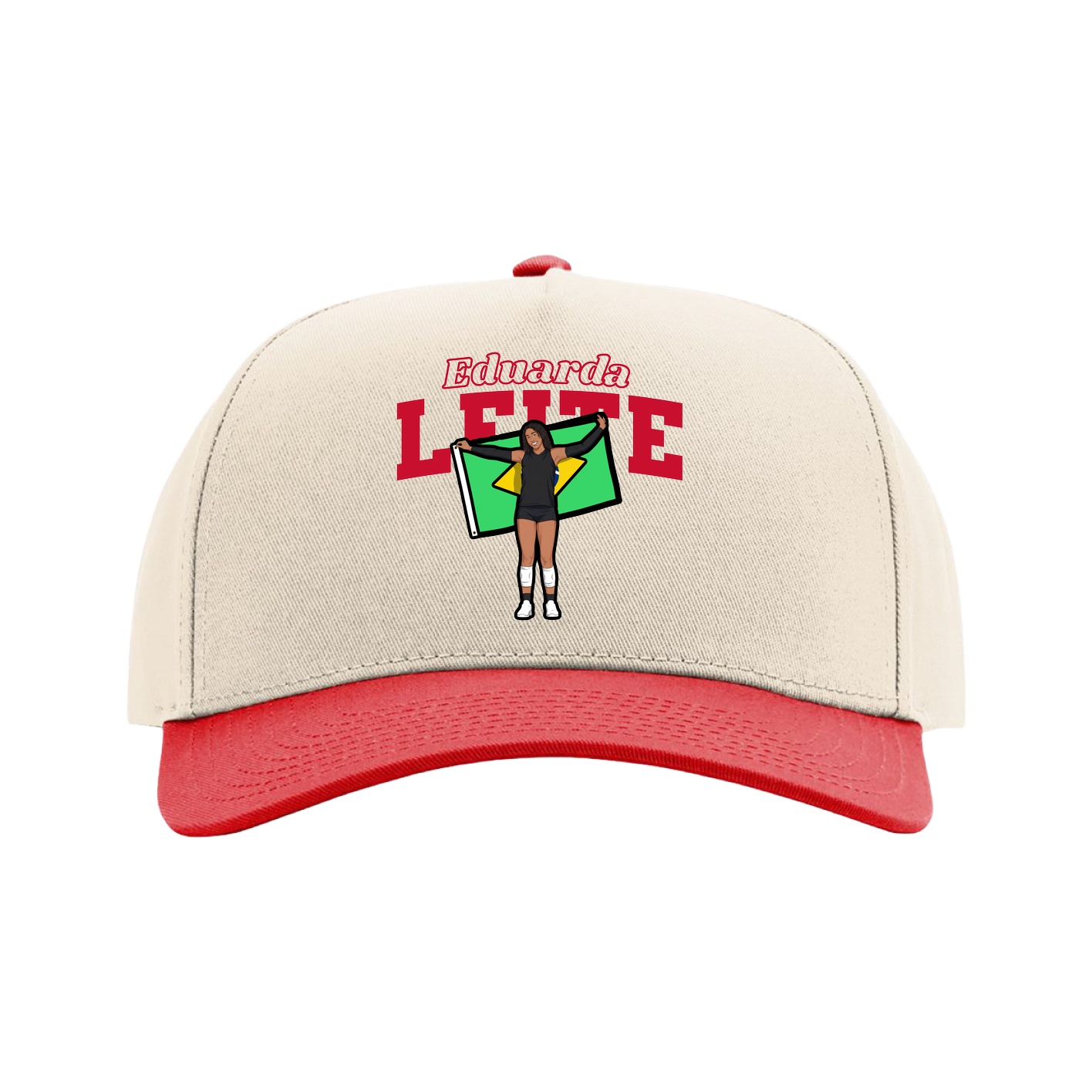 Full Fabric Five-Panel Champ Cap — Name Arch in Cream/Red