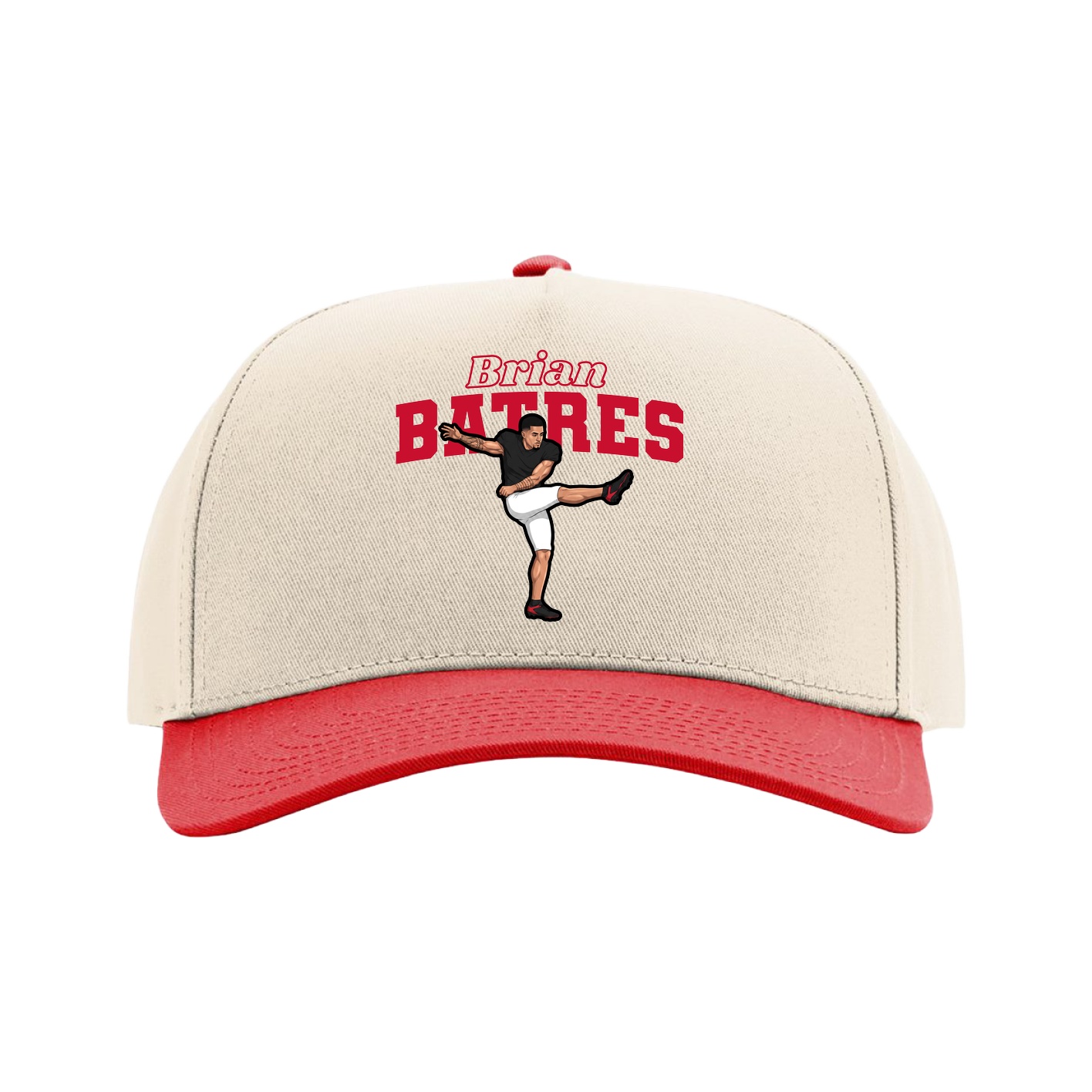 Full Fabric Five-Panel Champ Cap — Name Arch in Cream/Red