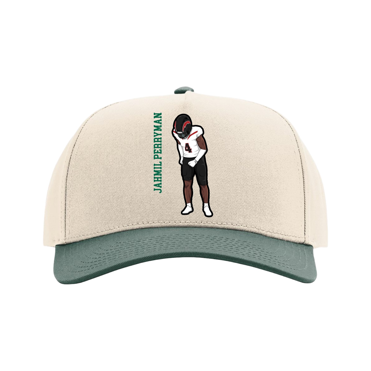 Full Fabric Five-Panel Champ Cap — Name Vertical in Cream/Green