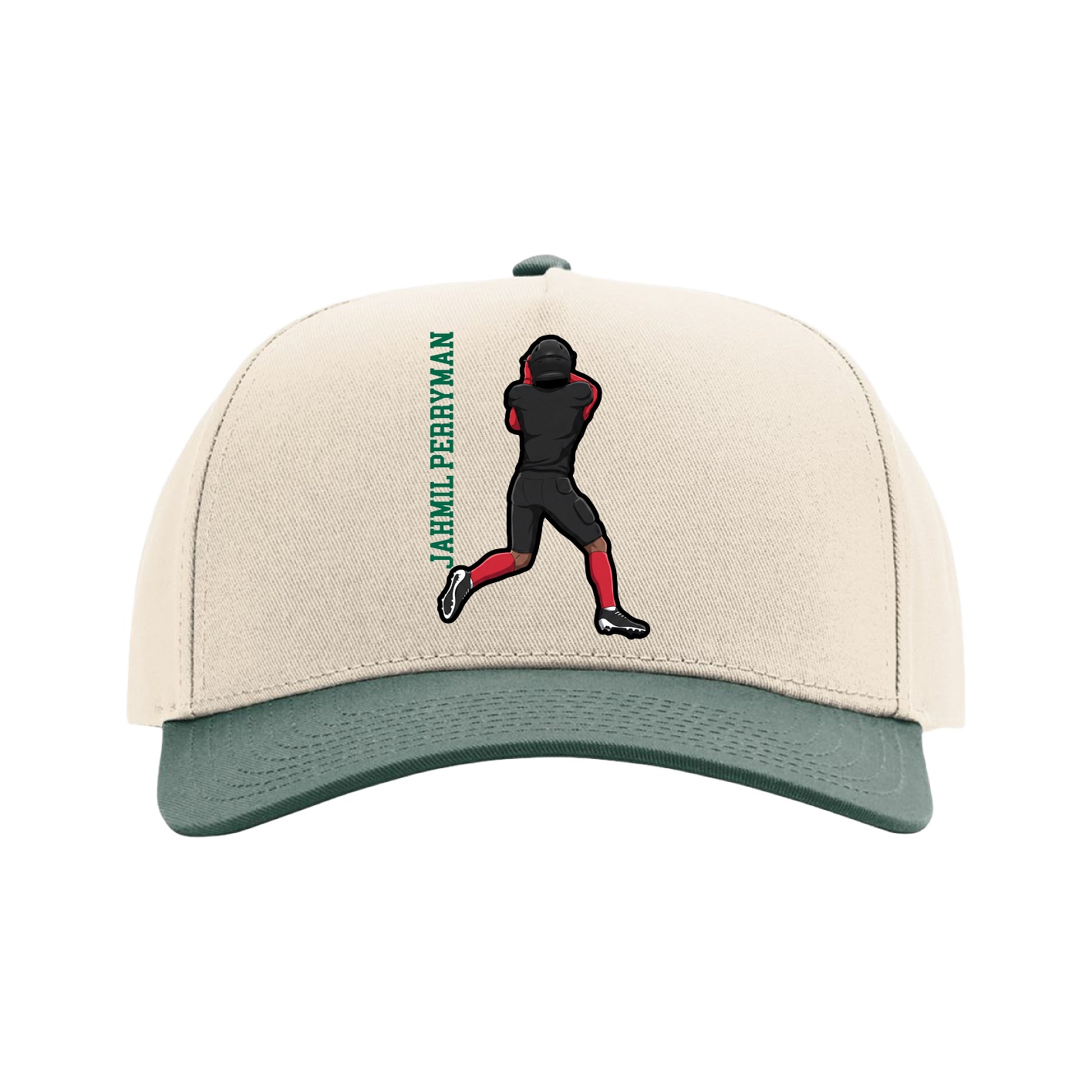 Full Fabric Five-Panel Champ Cap — Name Vertical in Cream/Green