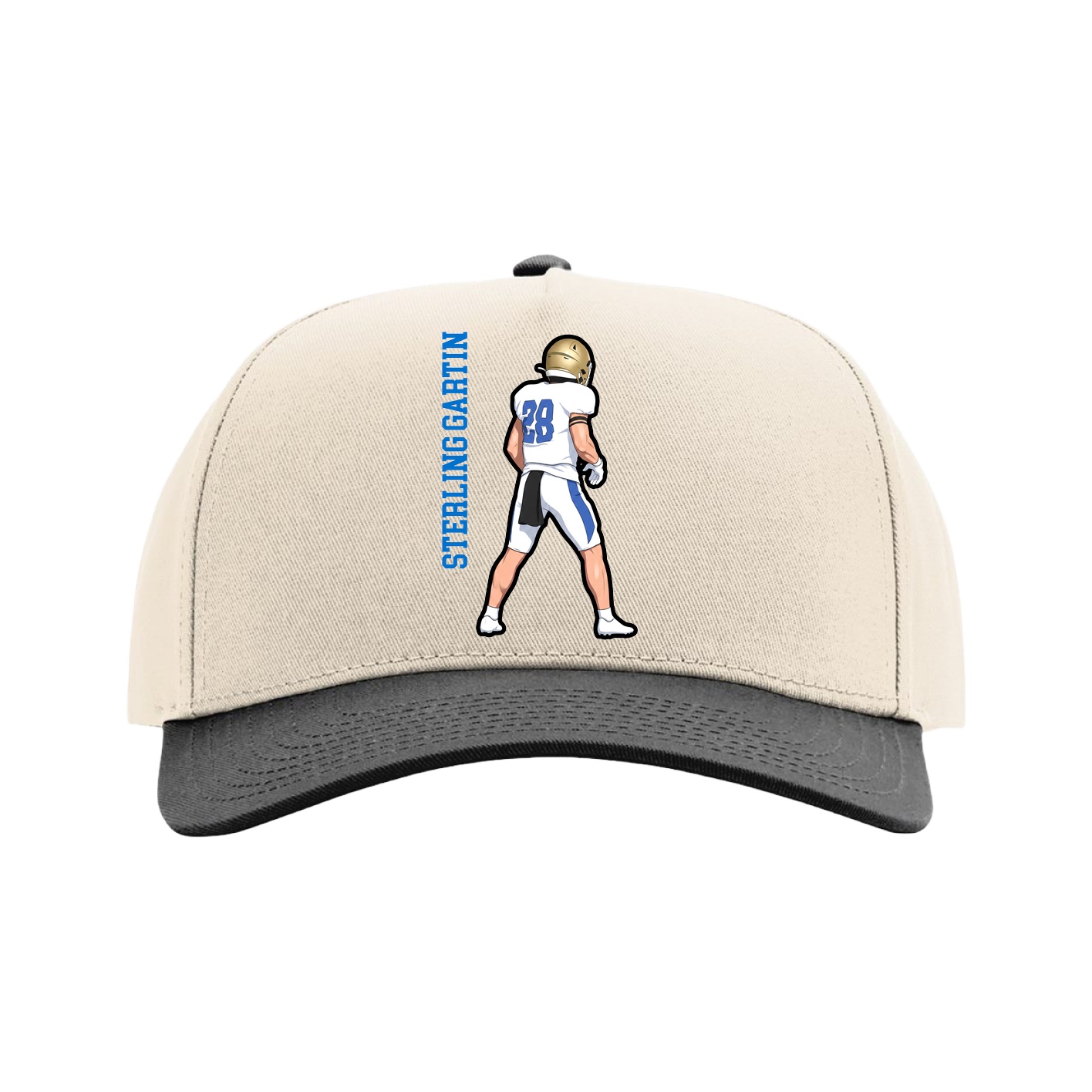 Full Fabric Five-Panel Champ Cap — Name Vertical in Cream/Black