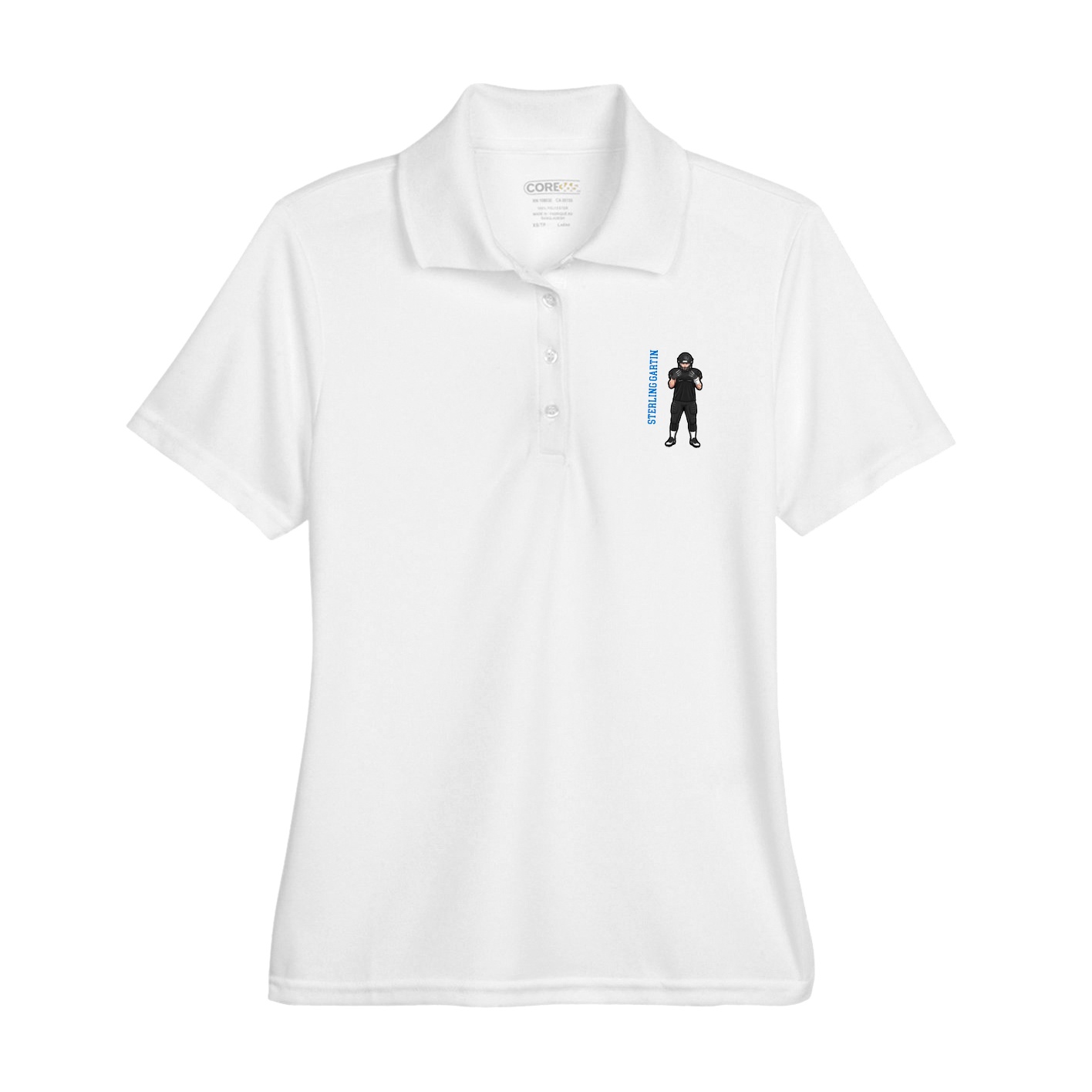 Womens Performance Polo — Name Vertical in White