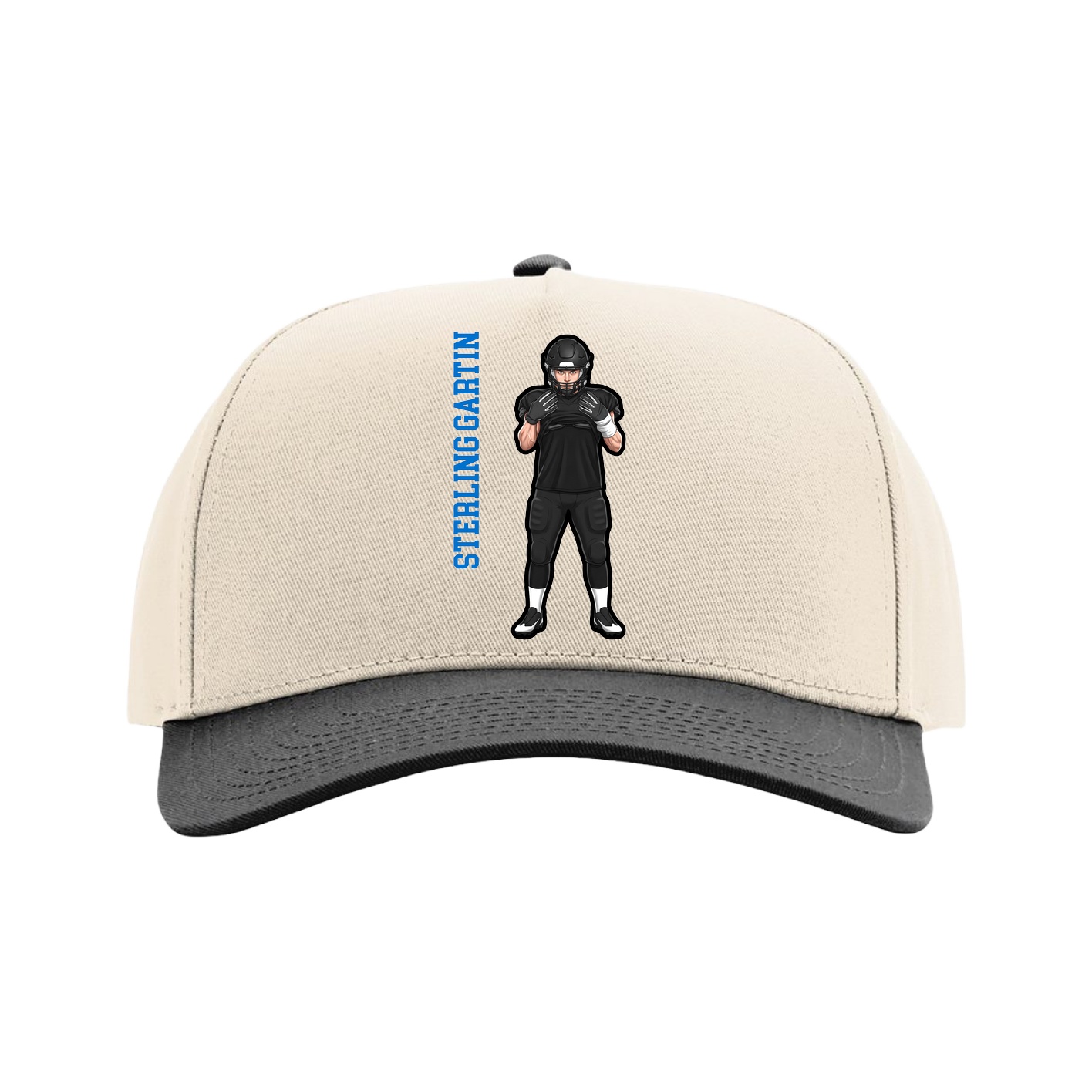 Full Fabric Five-Panel Champ Cap — Name Vertical in Cream/Black