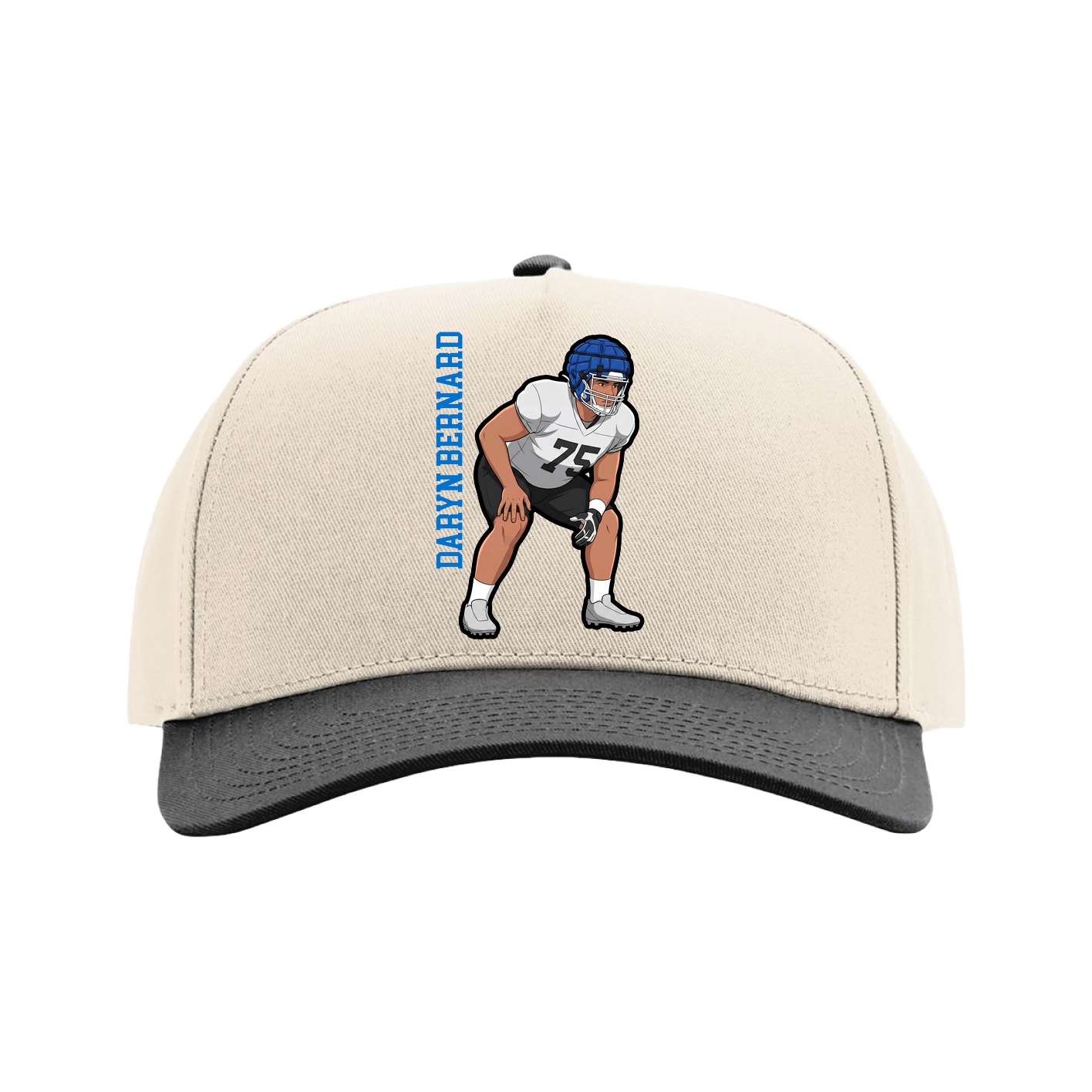 Full Fabric Five-Panel Champ Cap — Name Vertical in Cream/Black