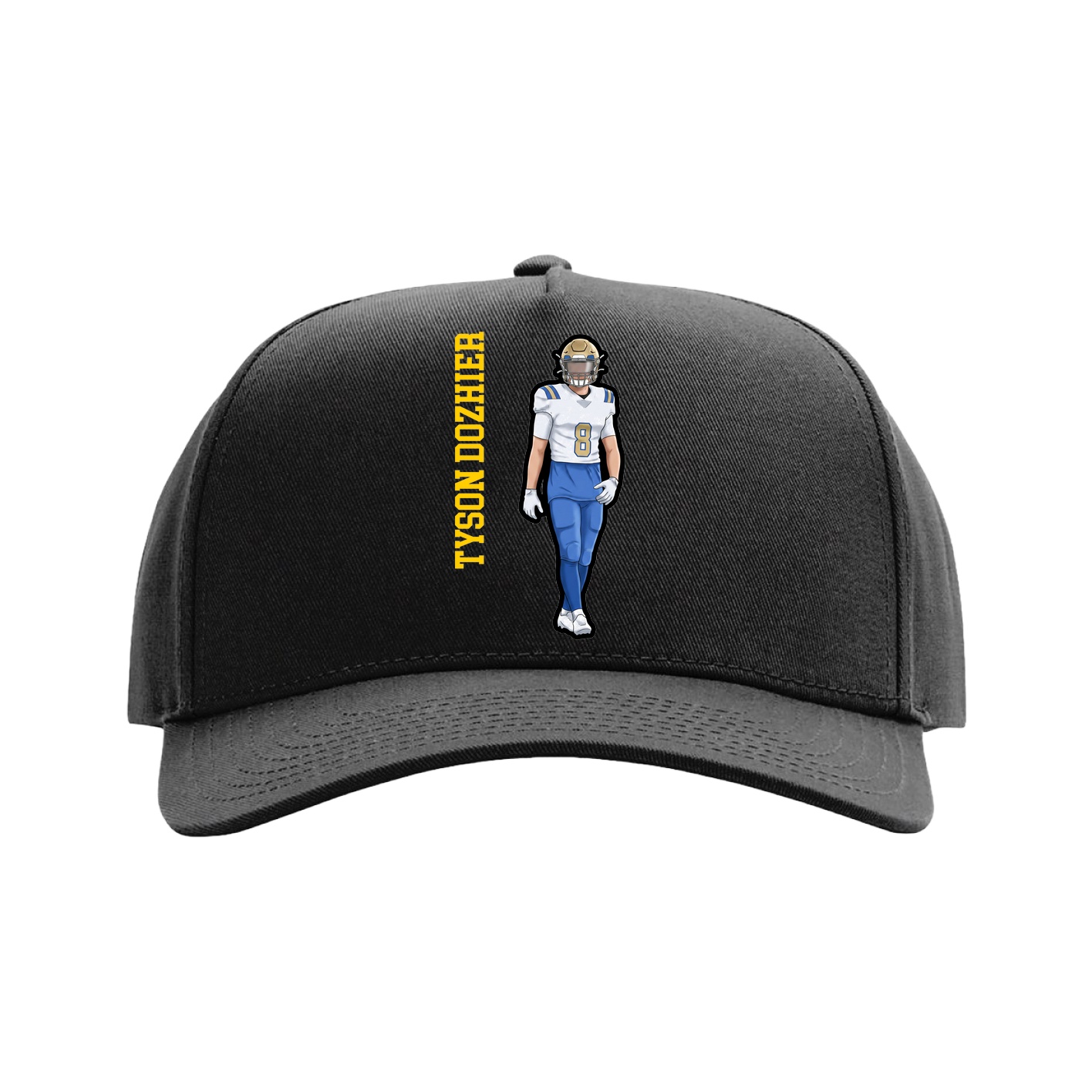 Full Fabric Five-Panel Champ Cap — Name Vertical in Black