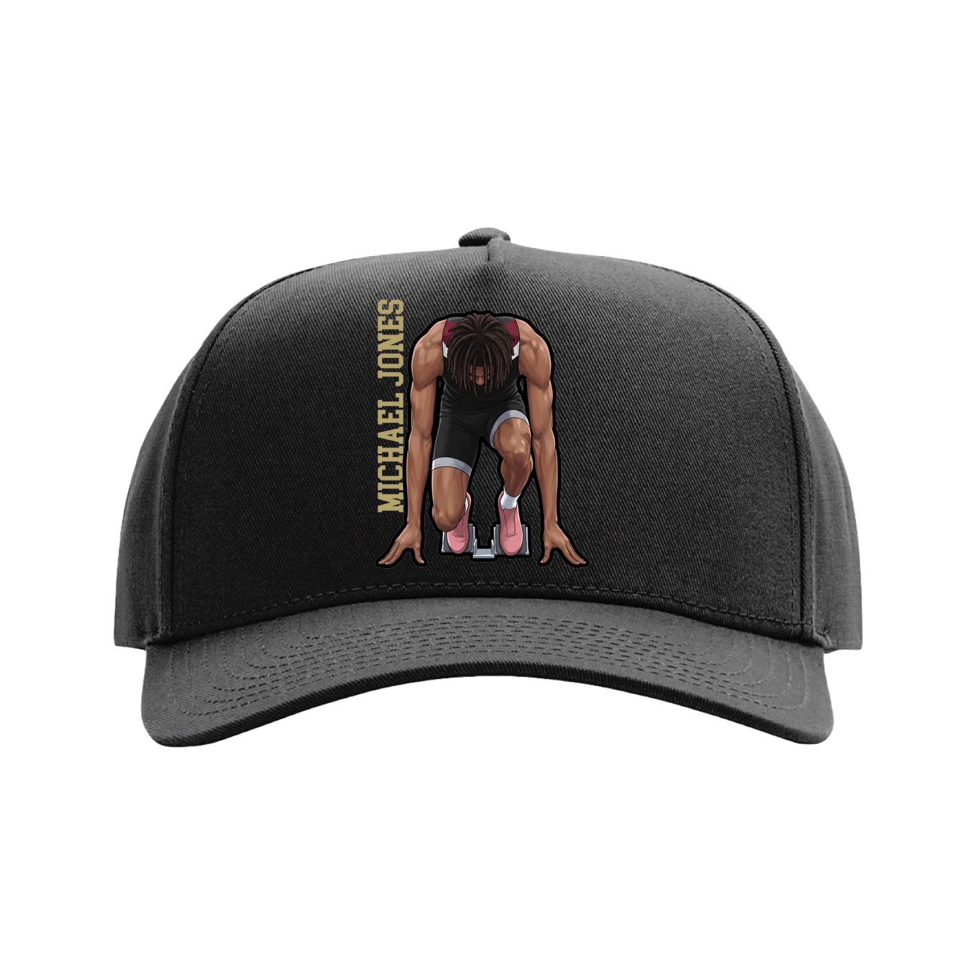 Full Fabric Five-Panel Champ Cap — Name Vertical in Black