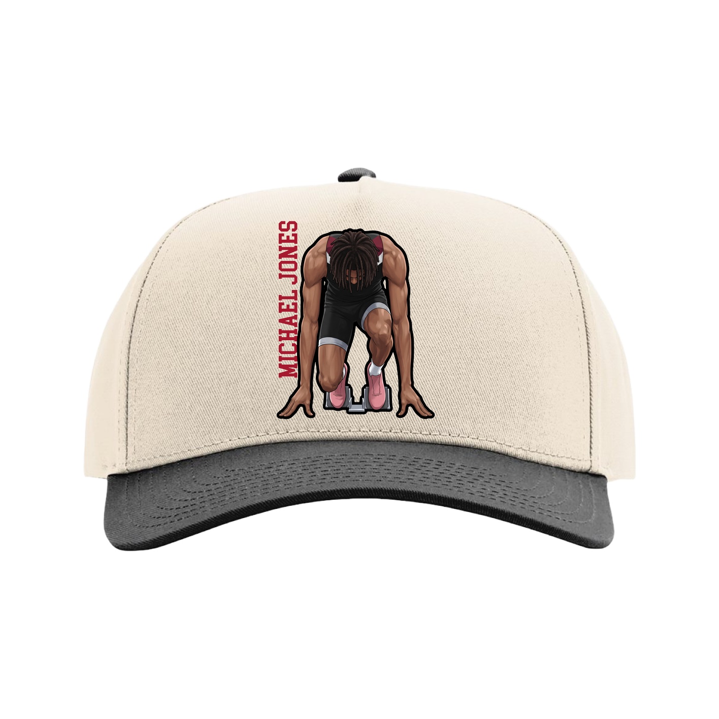 Full Fabric Five-Panel Champ Cap — Name Vertical in Cream/Black