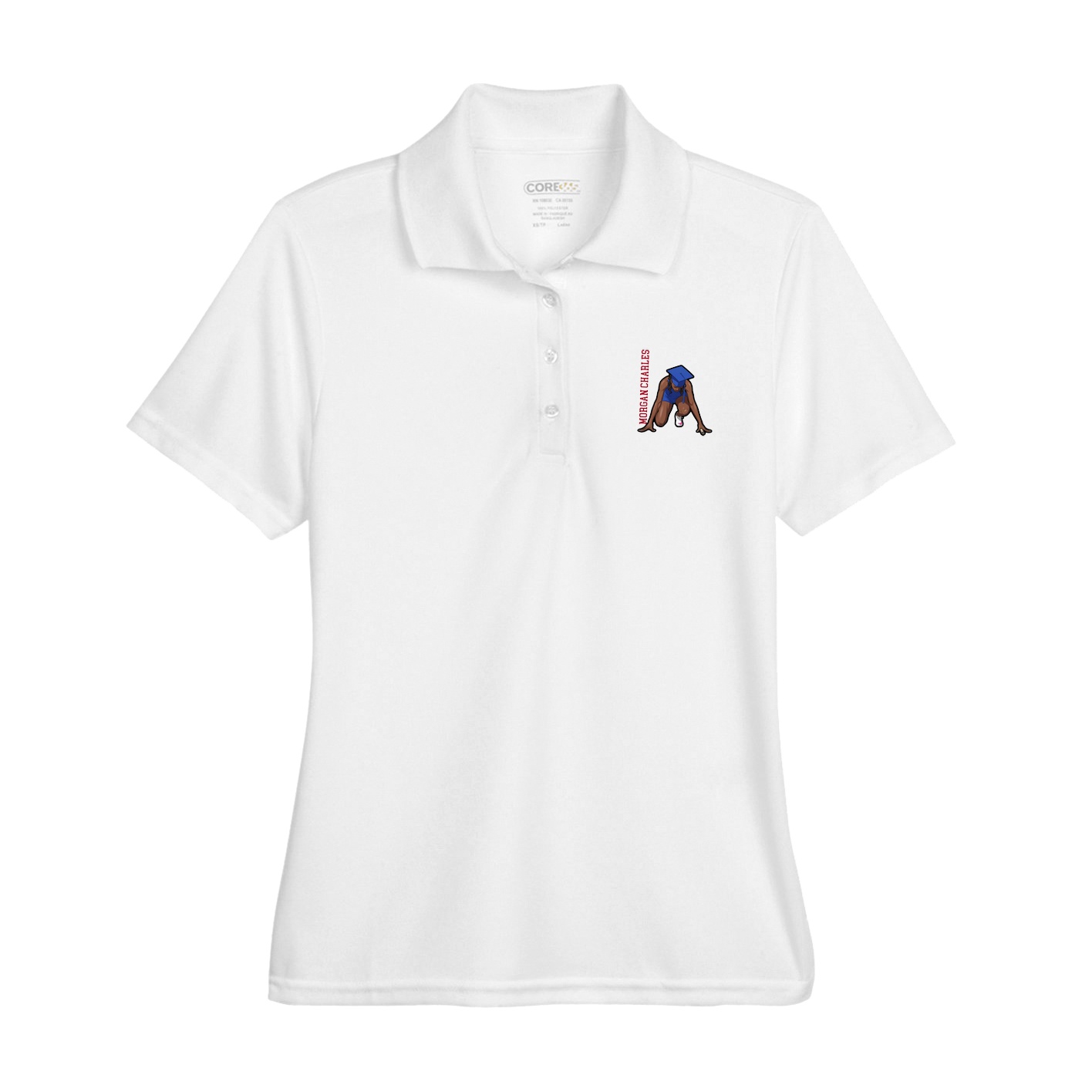 Womens Performance Polo — Name Vertical in White